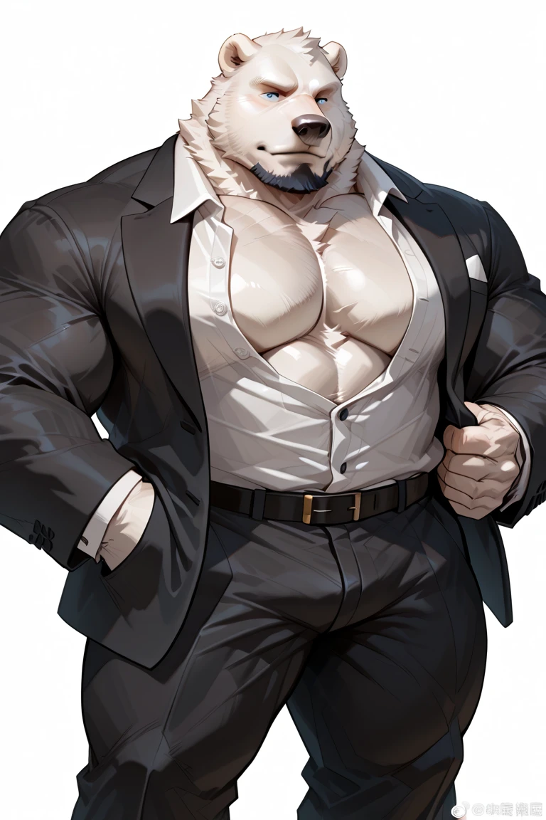 solo, 1boy, Huge Muscular Old man wearing suits:1.2 , pectoral, thick arms, huge pectoral, wide pectoral, short white hair, short pants and shirtless, bearded, simple background, masterpiece, high detailed, 8k, high resolution