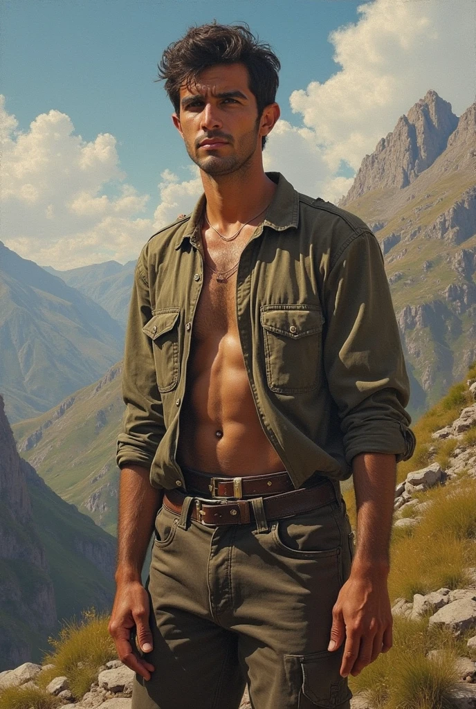 Portrait of logan jensen dressed in boxers and topless standing atop a rocky mountain with nice fantasy views. Digital painting, artstation, concept art, soft focus, sharp, illustration.