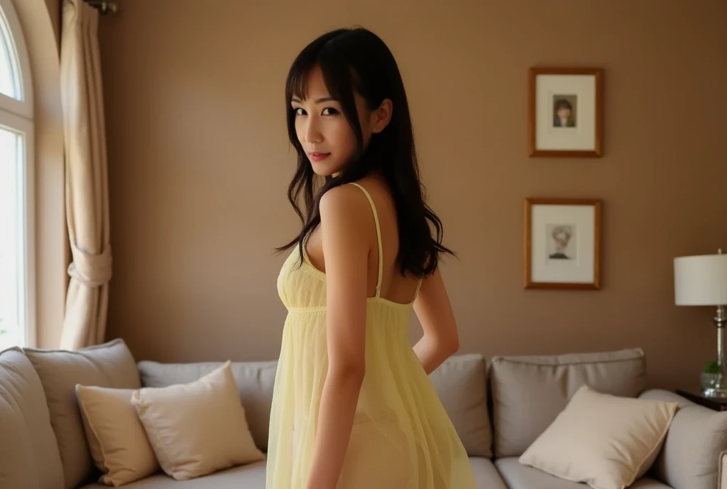 ((medium shot)),(wearing sundress:1.3),(bedroom of lovehotel), japanese lady, pale skin, droopy eyes, 28 year old,(brown hair),standing, high quality:1.3, shoot from below,Professional lighting:2.0 realistic:1.2, 4k resolution, detailed skin, masterpiece:1.1,smile,(chubby body),(nipples poking through clothes:1.1),camel toe,nipples,(hairy pussy:1.3), seikomatsuda,