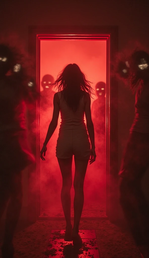 a red female demon with red glowing eyes run away in the darkness of a bedroom, full scene