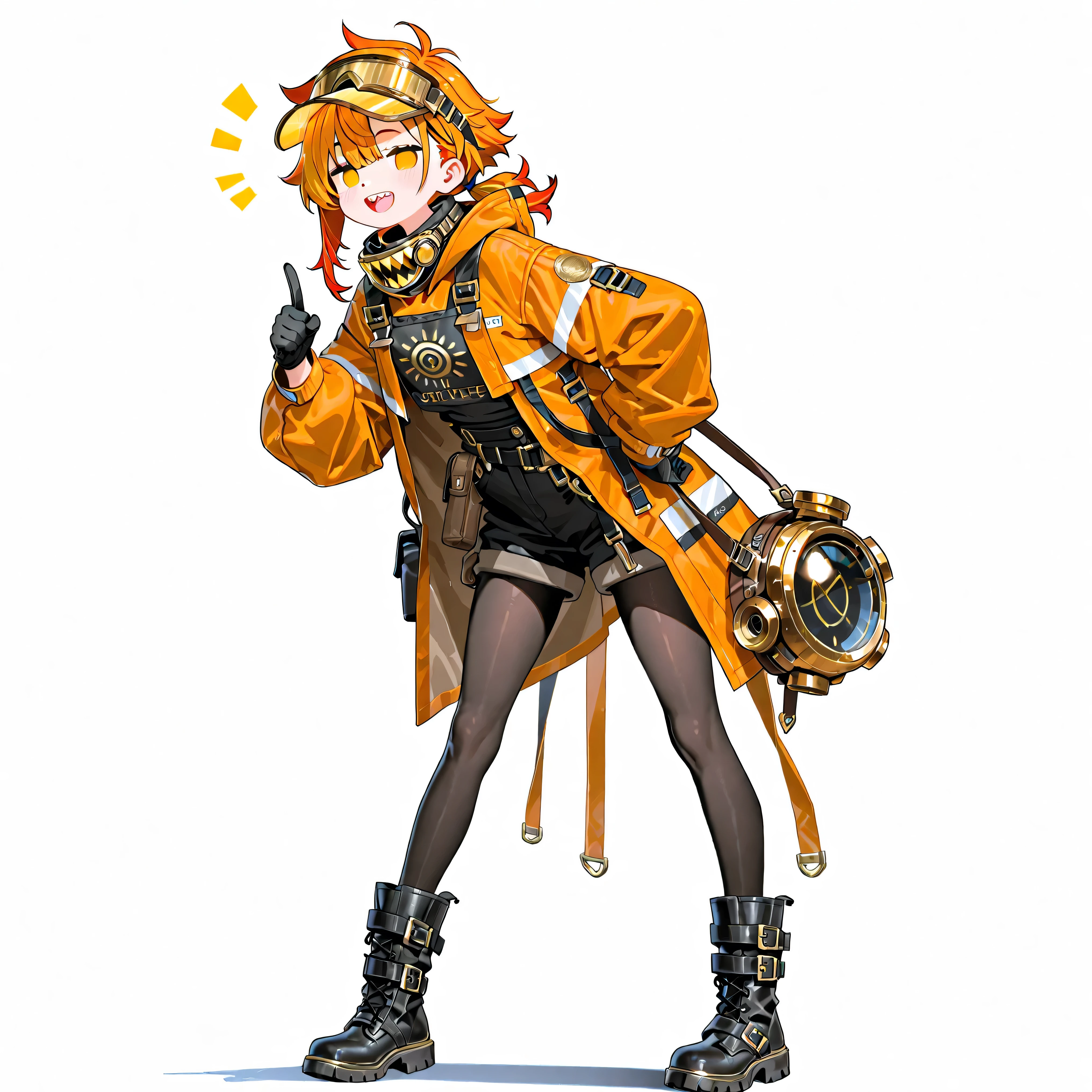 high resolution、High Quality、 gold、 female, shortcuts, low ponytail 、 stupid hair、Black Pantyhose 、mechanic fashion、double teeth、solo、thick soled boots、 asymmetric hair 、 goggles on head 、sun visor、 simple eyes 、white background、Thief、standing