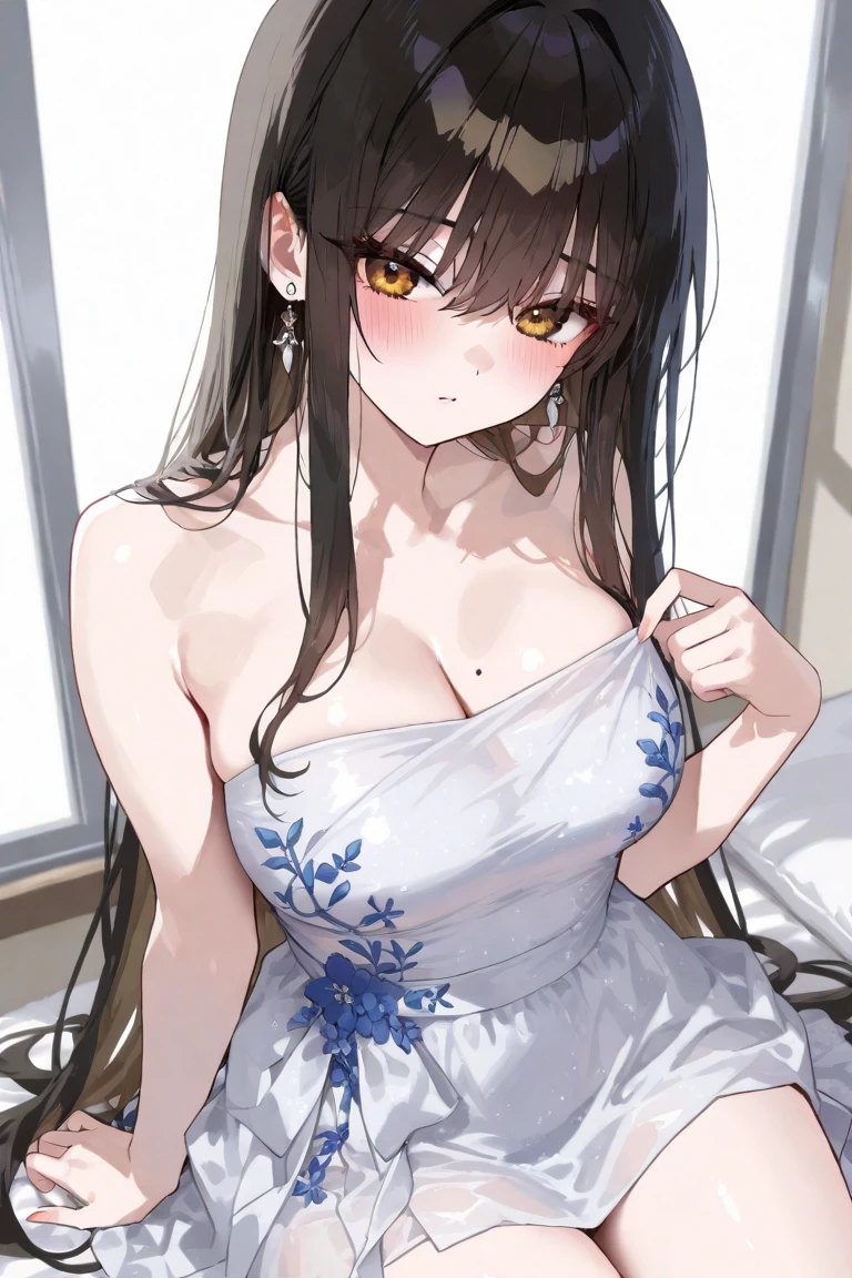 (Placing hand on chest:1.2), looking up, A close-up of your face、Biologically correct five fingers、Cleavage、Realistic, real person, (pale skin: 1.2), RAW photo, photorealistic, shiny skin, shiny hair、(A 25-year-old woman with medium-length hair and bangs) and (wavy hair) and (brown hair) and (orange eyes) , (sundress:1.3) and (white) 、(embarrassed:1.3), open mouth, The background is the living room、Alone、Are standing
