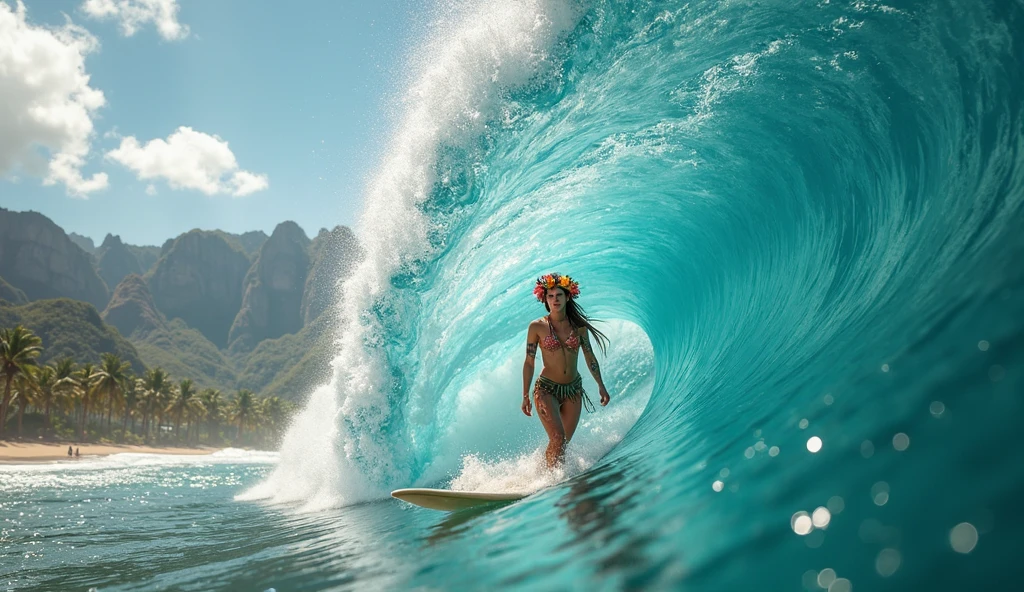 A PICHIPICHI KAWAII (Tiny girl) in RED (Skinny school swimwear) (surfing on the waves), ({Riding|Standing} on a surfboard:1.37) (Floating on Top of a Wave), surrounded by sparkling water. WetHair Oiled pearl skin, Splashing sparkling water Particles, BackLighting, TyndallEffect ((Dazzling colorful Horizon Visible through ThighGap)) Starry IridescentParticles.  BREAK  beautiful detailed eyes with (sparkling highlights:1.28), (extremely detailed KAWAII face), Dynamic Joyful Expressions LifeLike Rendering  (ManoErina:1.0) . Overflowing Gigantic Sideboob (Clearly Visible Beautiful Breast to Buttocks Line) Tiny and RoundlyButt, Detailed clothing texture
