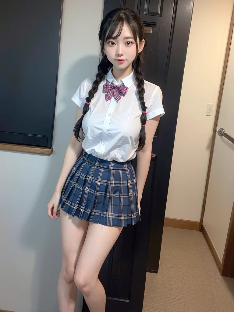 Japanese women, (smile:1.05),Browsing Caution、8K,Highest quality, masterpiece, Very detailed, 超High resolution, Realistic, RAW Photos, , Absolute Resolution, Complete limbs、Complete Anatomy、Perfect beautiful skin、cute女の子1人,cute女の子 、、(smile:1.2)、 Girl、(school uniform:1.3)、(Non-sleeved shirts:1.1)、 When you raise your hands above your head, you can see your armpits.、、Micro Mini Skirt、、Accentuate your thighs、cute女の子、 , Realistic young gravure idol, Japanese Girls、、alone、(bedroom:1.2)、Mix 4, (16K, Raw photo, Best image quality, masterpiece: 1.45), (Realisticな, Photorealistic: 1.37), One Girl, cute, Professional Lighting, Photon Mapping, bedroom, Physically Based Rendering, Dark brown long bob hair,Beautiful, well-groomed eyes、double eyelid、With a girl, (((日本の女子高生が着ているNon-sleeved shirts、Checkered mini skirt,、Dark blue socks、Black Loafers))), Highest qualityの写真, High resolution, 1080P, (Clear Face), (Detailed face description), (Detailed hand description), (masterpiece), masterpiece、Rich details、(Beautiful Faces)、(Highest qualityの写真)、(Detailed eyes)、 in front of you、Thin clavicle、((Slim and large))、(((Japan wears short-sleeved shirts)))、((Pure Idol))、((明るいbedroom))、(Shot from random perspectives)、(((とにかくcute)))、smile、Drawing the whole body from the knees、 nasolabial folds、(Large firm breastFirm big ass、Two arms two legs、(((from the front:0.4)))、bare hands、Symmetrical eyes、