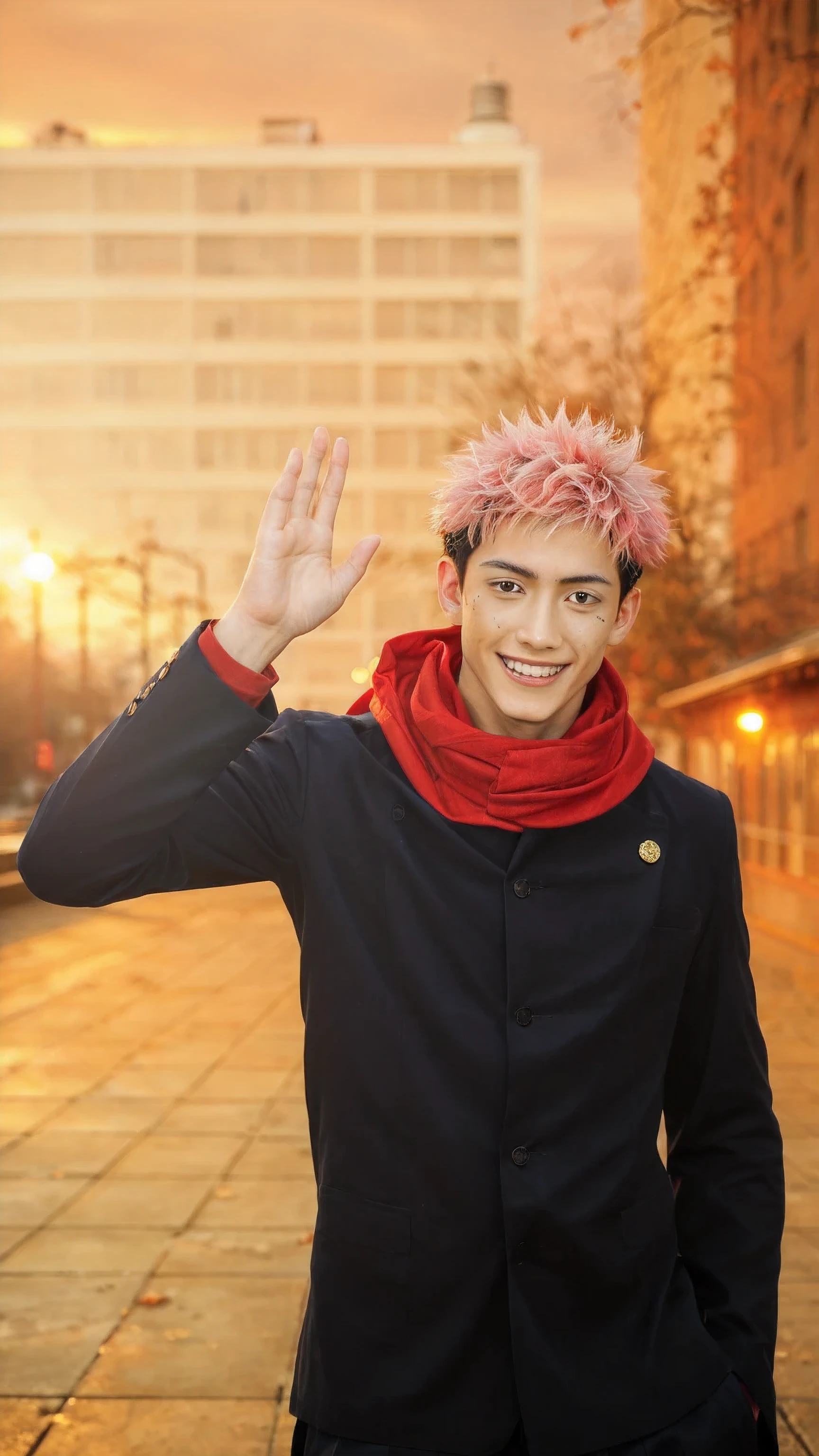 score_9, score_8_up, score_7_up, source_anime, detailed, wallpaper, beautiful details, itadori yuuji, jujutsu kaisen, 1boy, asian, young, male focus, ultra realistic, cinematic lighting, real world style, young Japanese male, short spiky pink hair, warm smiling face, friendly expression, realistic skin texture, standing straight, right hand raised in a waving gesture, black school uniform, golden buttons, thick red scarf wrapped around neck, outdoor urban background, sunset lighting, glowing orange sky, modern glass building behind, sunlight reflection on building, soft pavement tiles on ground, warm ambient light, autumn atmosphere, slight lens flare, subtle depth of field, high detail in face and fabric, photorealistic environment, realistic shadows and highlights