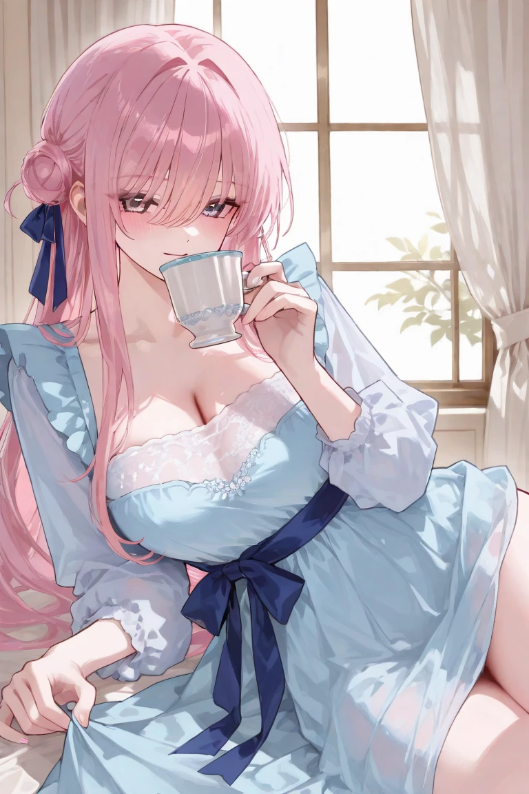 1girl, solo, nakano nino, pink hair, butterfly hair ornament, (naked:1.3), (white apron), large breasts, cleavage, thighs, cafe background, (blushing:1.3)