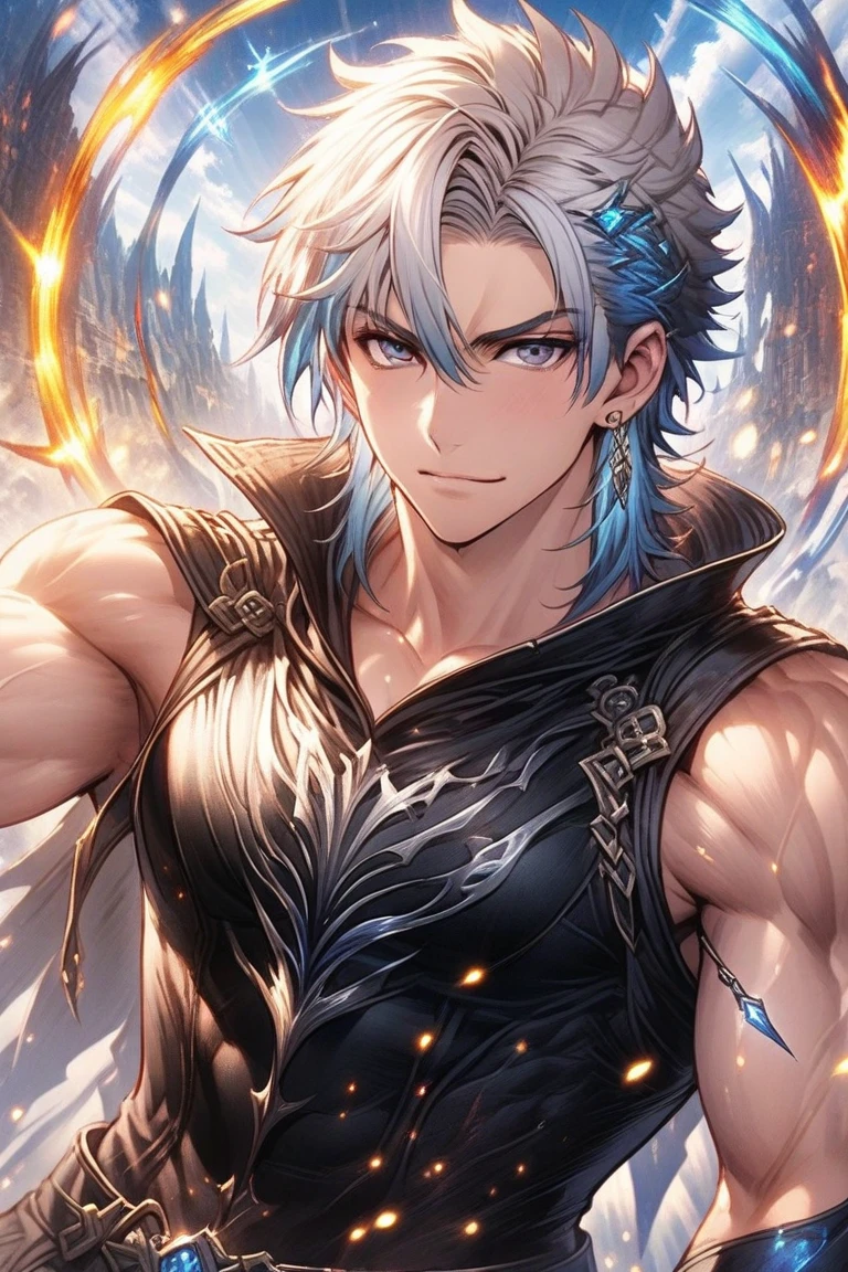 Ultra detailed, highres, absurdres, HDR, master piece, Krozseria, messy white hair, short hair, expressive red eyes, Demon Fantasy, blue petals, black cape, sexy man, solo, best quality, blue flowers, blue shining fireflies, handsome, black horns, the word "Krozseria" is written on his shirt, fantasy, black horns, black gloves, bare chest, toned chest
