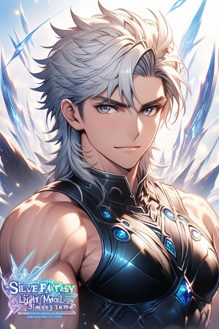 (masterpiece), (highly detailed, HQ), (((1boy))), ((beautiful face)), (handsome), covered nipples, (uncensored), looking at camera, arms behind back, cat eyes, ( armored dress ), smug, ( armpit focus ) , grey hair, twin drills, ((( office worker ))), particles, magic, light rays, ( casino at night background), [navel]