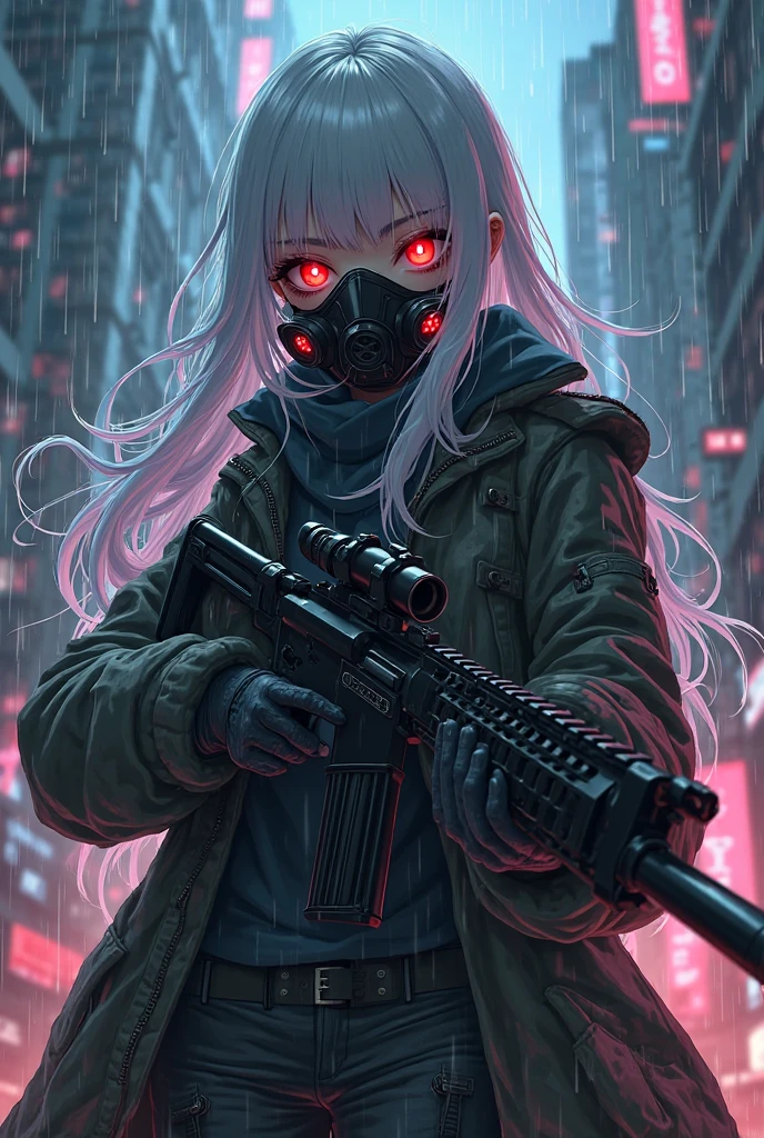 ((masterpiece, best quality, extremely detailed CG, unity 8k wallpaper,anatomically correct,ultra resolution)),Award-winning photography,(best illumination,Very Delicate and Beautiful),(one girl,solo,:1.5),(Vampire:1.45),silver hair,(twintails:1.2),(glowing red eyes:1.25),(pale skin:1.45),(extremely beautiful and detailed face:1.2), (extremely beautiful and detailed eyes:1.2),perfect hands,delicate legs,((bat hair ornament)),(cyberpunk style,science fiction),pointy ears,skinny,((black techwear armor, Gas mask,black leather gloves,black tight trousers)),looking at viewermenacing, sharp, (pointing weapon at the viewer:1.2),head tilt,dark persona,evil,(cute:1.5),((night, dark atmosphere, dark theme, darkness:1.5)),dramatic shadows,(dimly lit:1.5),blood on face,blood on floor, blood on walls,(blood mist,blood splash:1.4),depth of field,(cityscape:1.3),neon lights,skyscrapers,(perfect human body structure with maximum precision)