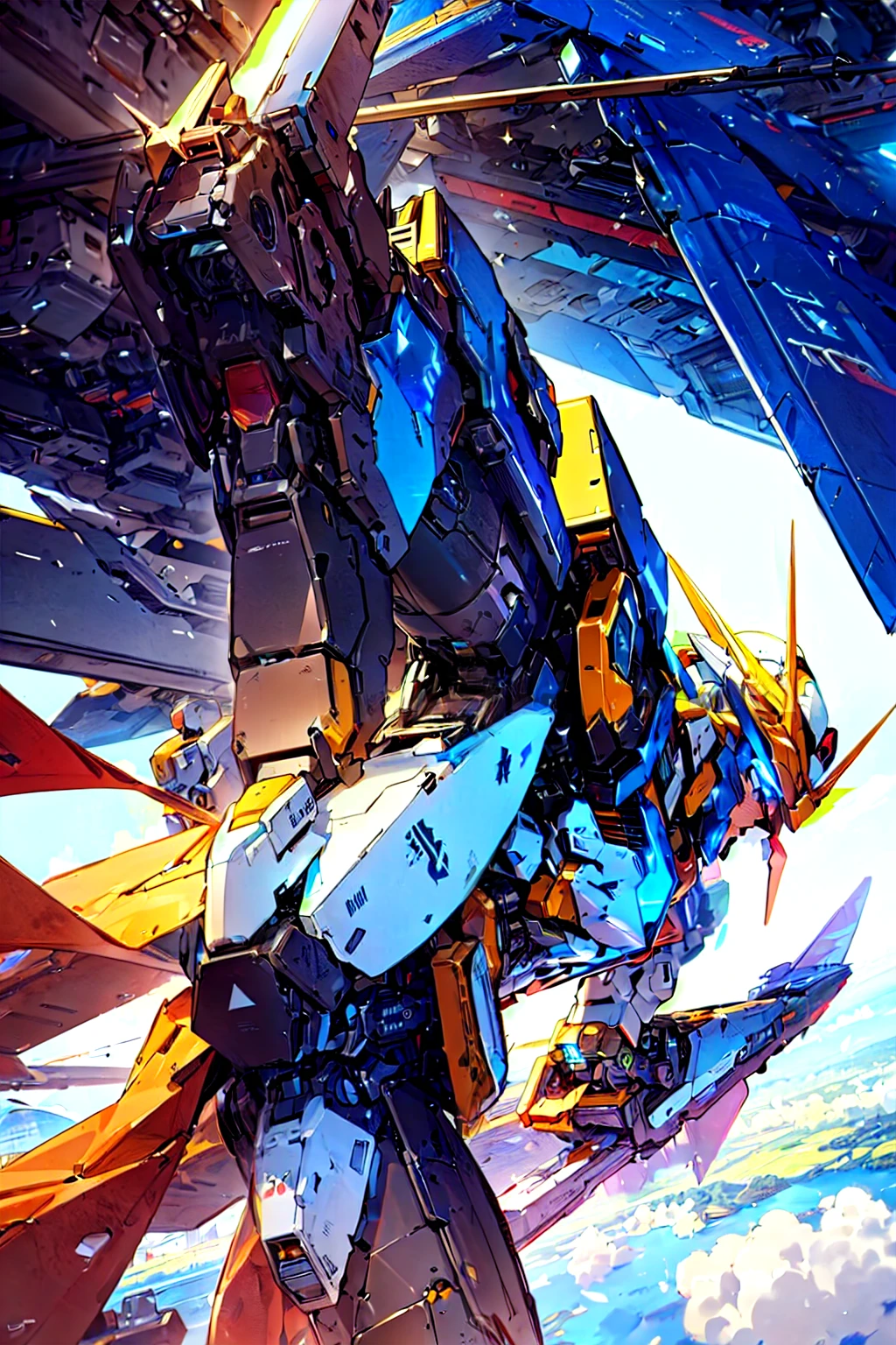 Gundam ,Mesin Mecha ,robot,no man, bersinar ,Solo,science fiction, shining eyes ,, the best quality,karya agung, Edge quality ,indah dan intricate detail,perspective silhouette,((8k, the best quality, karya agung, highly detailed, Rule of thirds )),((crazy image)),photorealistic,karya agung,luar biasa,hdr ,leg split,fokus tajam,photorealistic rendering,very detailed description,profesional,intricate detail, warna biru,