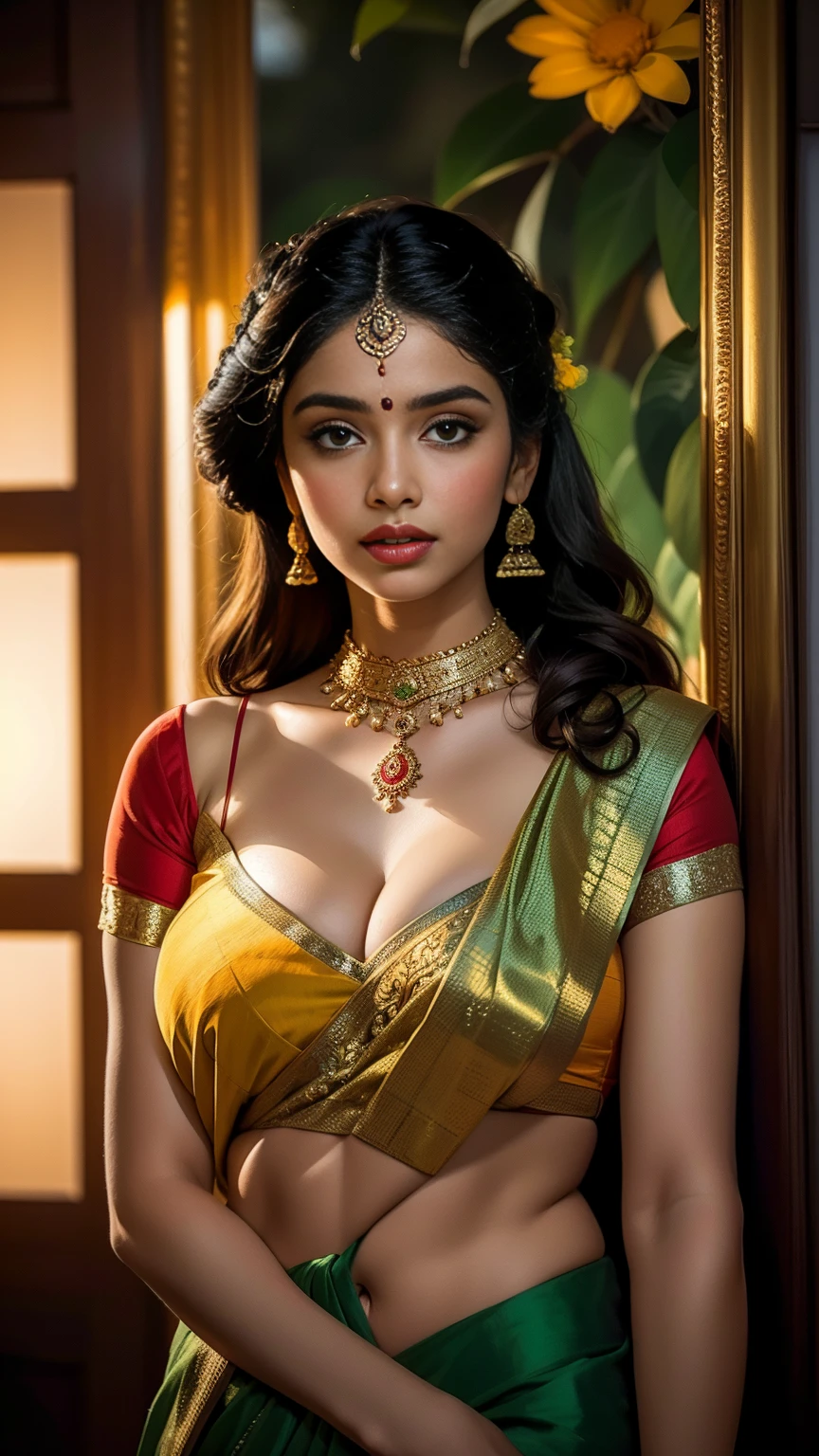a woman in a sari posing for a picture, indian goddess, traditional beauty, indian, showing deep cleavage, wearing ultra v neck blouse, half blouse visible, beautiful goddess, ornate cosplay, indian style, indian super model, beautiful maiden, gorgeous woman, south east asian with long, provocative indian, gorgeous beautiful woman, intricate outfit, hindu aesthetic, beautiful asian girl, extremely detailed goddess shot, jaw-dropping beauty, big boobs deep cleavage sexy navel, big boobs deep cleavage, sexy indian women, massive boobs in sexy bikni fusion full body