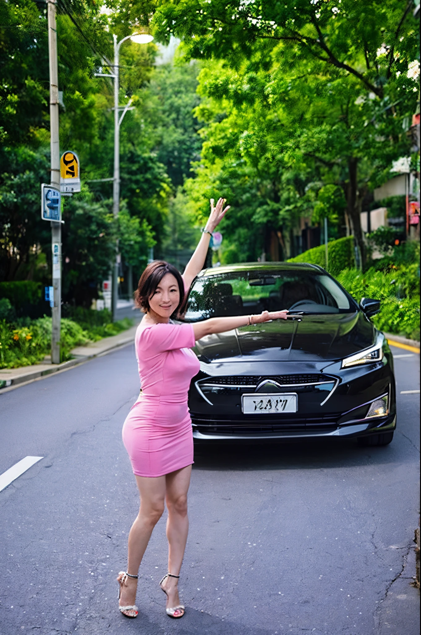 Car parts are scattered on the highway, and a black Prius is parked on the side of the road with its front end crashed. With this in the background, 44-years old Hirosue Ryoko is walking towards us.at night, She has her arms outstretched, posing like a cat scratching.