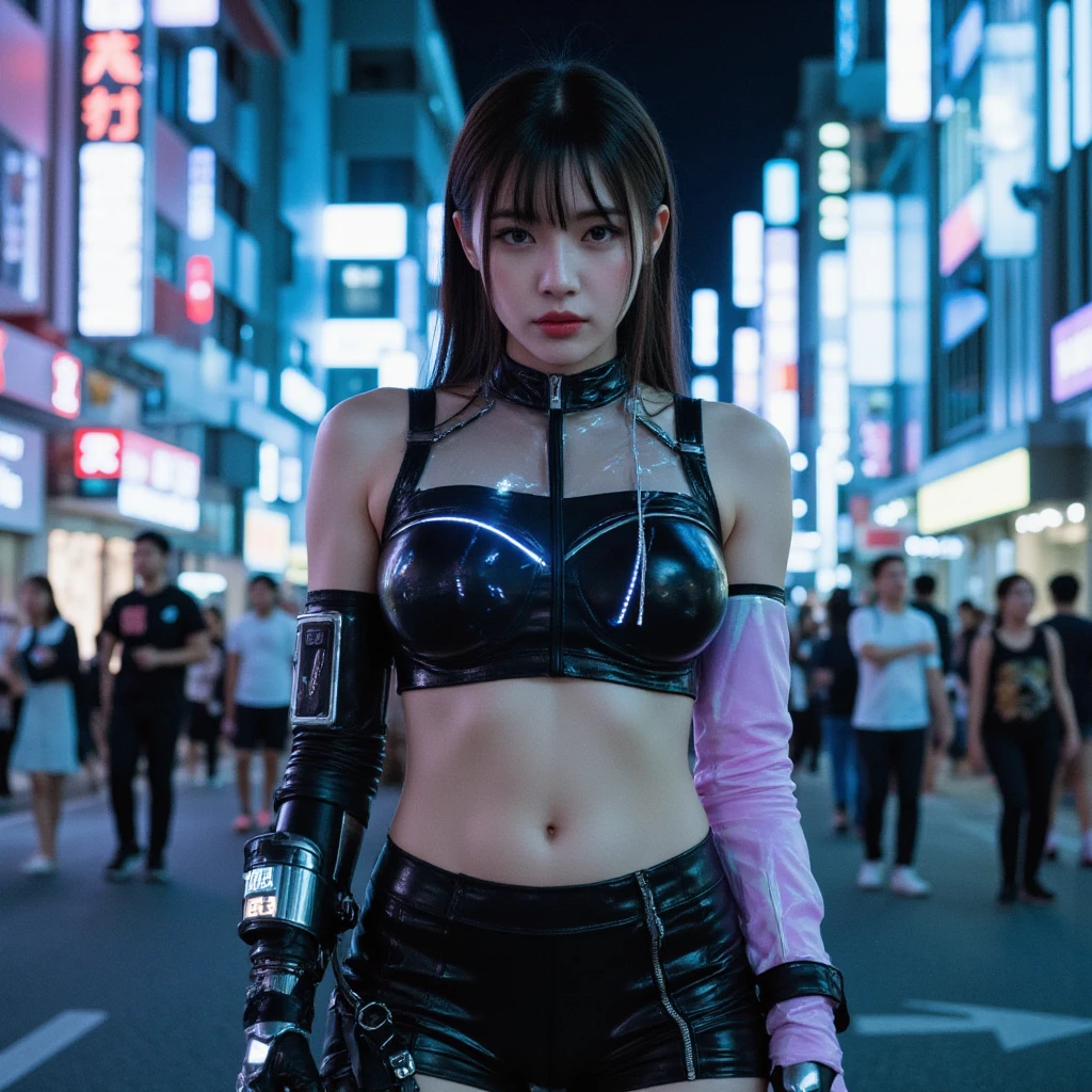 Photorealistic Image, A beautiful 18-year-old Asian girl with long hair, depicted as a cyberpunk hack-warrior. She wears an open, plastic outfit, embodying the essence of cyberpunk fashion. The scene is set on a rainy night in a cyberpunk city, with dark streets illuminated by neon lights reflecting off the wet pavement. The image style is cyberpunk, capturing the gritty, high-tech world. The image should be in 8K UHD resolution, adding a sense of depth and clarity. Include film grain to give it a raw, cinematic feel. Camera: 35mm lens, medium shot, capturing her from waist up as she navigates the neon-lit streets, looking determined and fierce. Lighting: ambient light with neon lighting, highlighting the raindrops and the reflective surfaces of her outfit