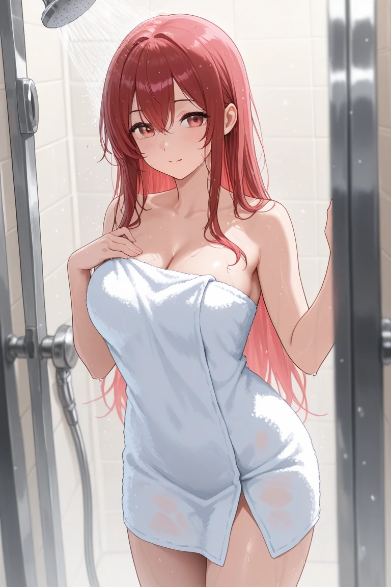 1girl, solo, female, makima, red hair, long braided hair, bangs, yellow eyes, golden eyes, ringed eyes, in bathroom, blush, pink nipples, hairy pussy, detailed bathroom, bathroom, covered herself with towel, cover herself, covering, towel