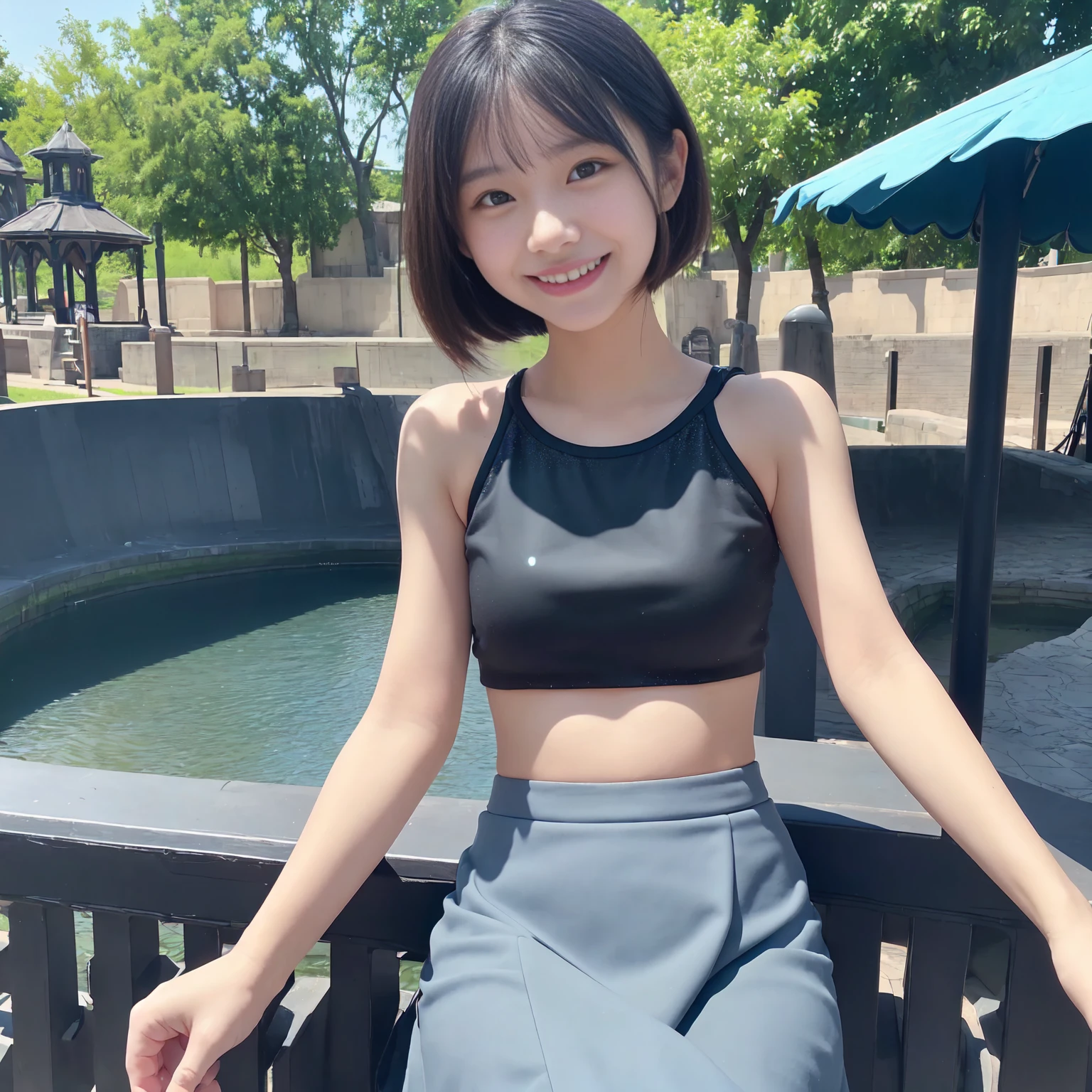 highest quality, masterpiece, Ultra-high resolution,8k, (Realistic:1.6), (Facing portraits) RAW Photos, 1 girl,(Full of smiles, Showing teeth)), 22 years old,((Belly button fashion)),((Miniskirt Uniform)),((Coca-Cola Zero Color Short Hair)),((Wear a bandana on your head)),((Looking up at the audience)),Face Focus:1.4,((Fisheye lens shot from above:1.4)),((Contrail background in the blue sky)), Image Media Chest)),((Smiling with teeth showing)),