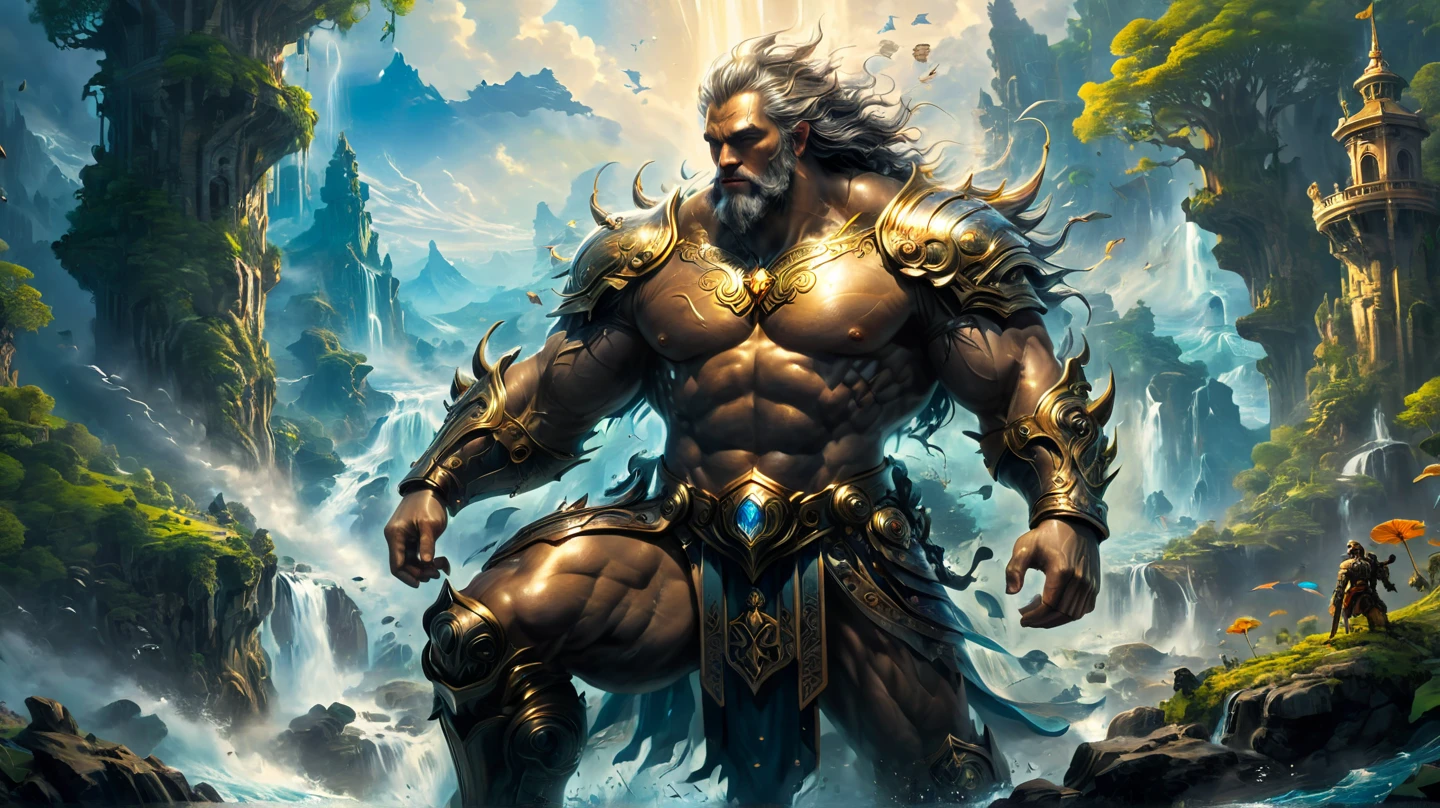 a golden lion martial artist, sexy body, tall, slim and well defined, long golden hair, blue eyes, tattered martial artist loincloth, background: sunrise, a sun rising over a hill in the distance, an elegant and powerful martial artist temple, the golden lion standing facing forward and centered, also looking directly at the viewer, sweat dripping all over his muscular body, not cover your chest and your six pack, best quality, 4k, 8k, high resolution, masterpiece:1.2, ultra detailed, realistic, photorealistic:1.37, HDR, UHD, studio lighting, ultra-fine painting, sharp focus, physically based rendering, extreme detailed description, professional, vivid colors, bokeh, epic, dramatic lighting, cinematic