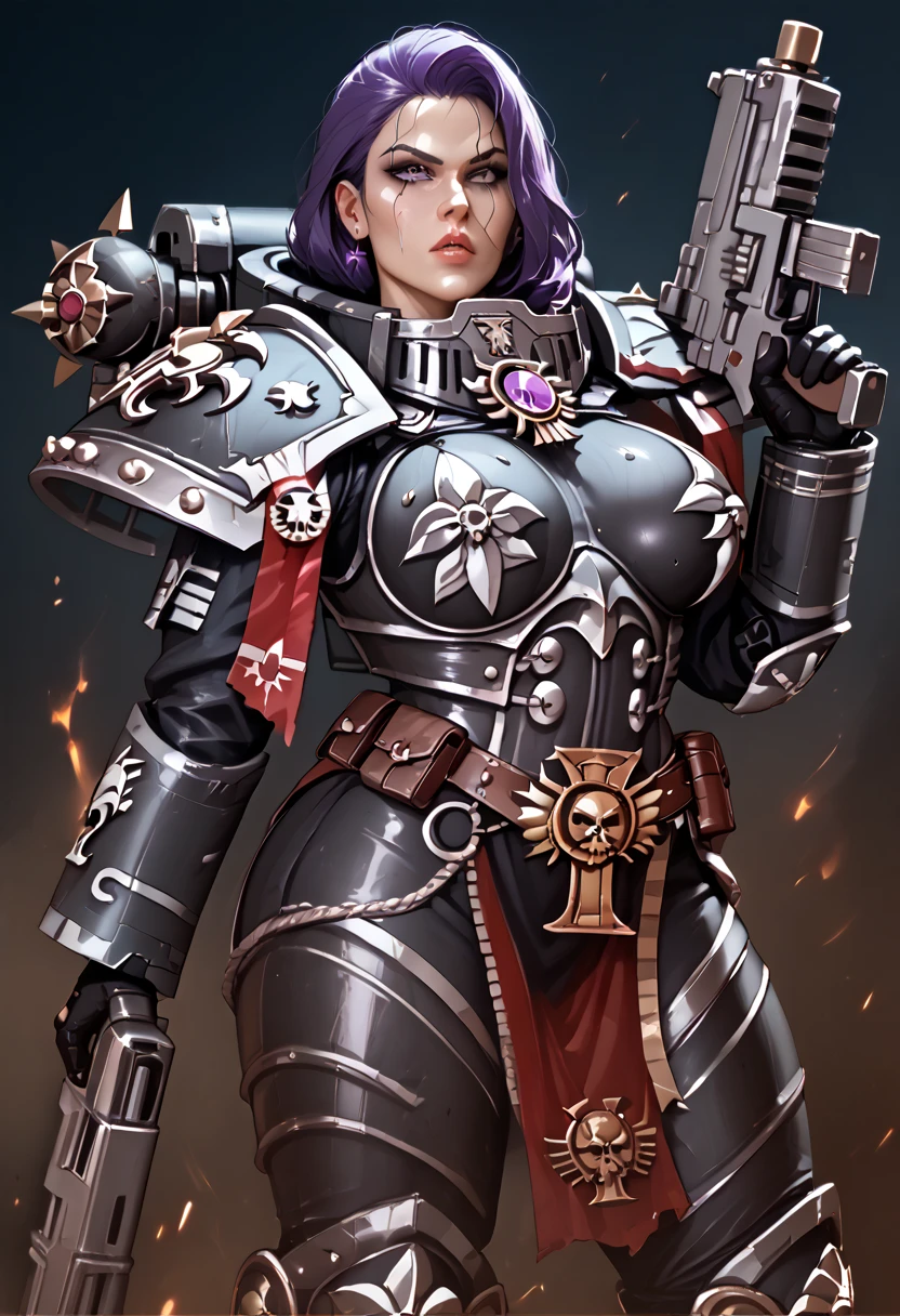a portrait of a glorious battle sister from Warhammer 40K, anatomically_correct_fingers, scantily clad, sexy, black and (purple1.3) armor, covered in purity seals, firing her bolt guns, combat, best quality, very detailed, uhd, wide shot, dynamic pose