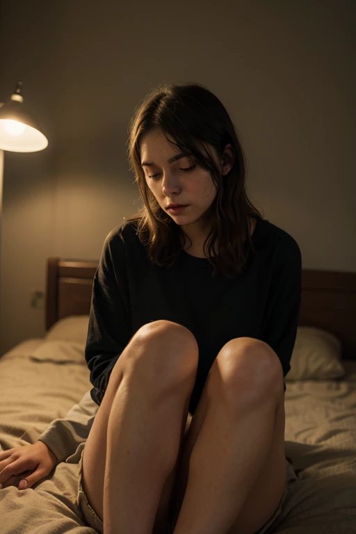 Best quality, hyperrealistic, details, 8k, teenager, fifteen years old, shy, sad, paleness, big blue eyes, very white skin, small nose, short brown hair with bangs, white nightgown, room, melancholy