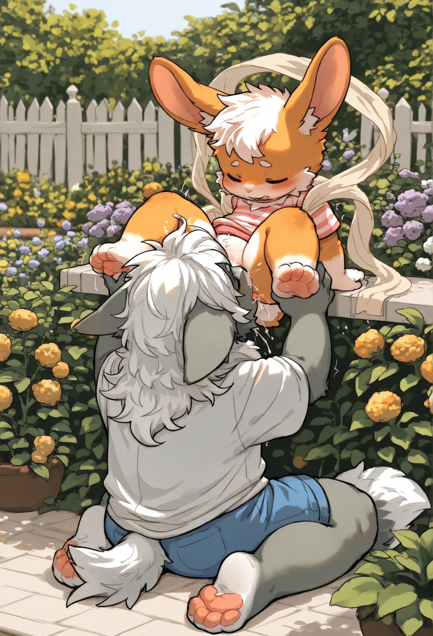 Dwarf rabbit boy,furry boy,Toddler Characteristics ,White hair,gray skin(white),Spend a little money, orgasm,shawl,Short sleeve, shorts, Fox Boy ,furry boy,Toddler Characteristics,White hair,white Arm,Light Orange Skin,cunnilingus,garden,woodenhorse