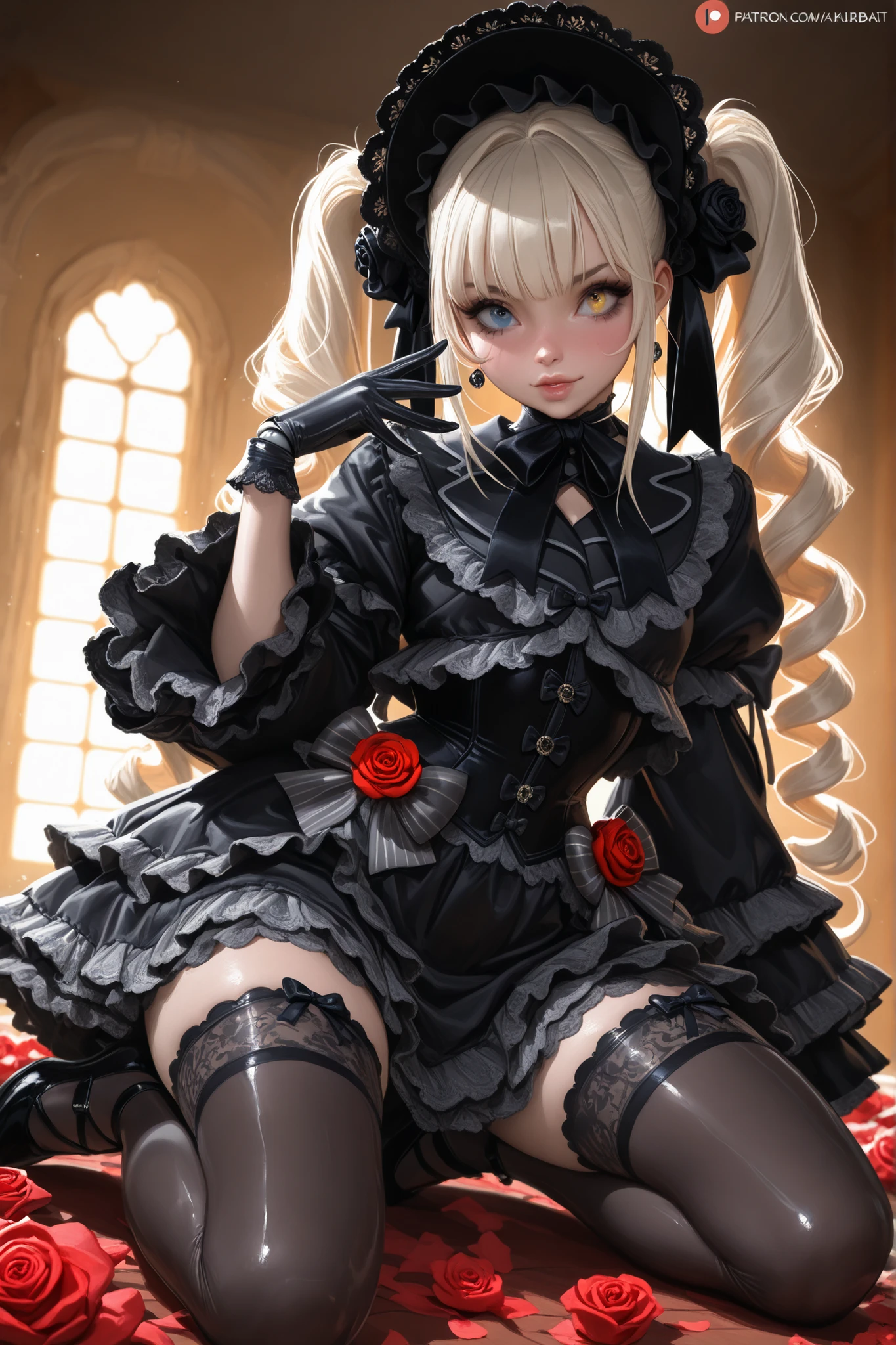 (Ultra extreme detailed),(Masterpiece),(Ultra extreme),(Realistic),CG,(color:1.2), Strong lighting,Light from behind,evaluation:Safety,One blonde, one alone., black,Blonde ponytail,Twin tails、short hair,length hair,blue eyes,white_gloves,garter_strap,absolute_ryouiki,Pleats_skirt,white_skirt,blackcolorストーキング,expensive_Heel,white shrite,length_sleeve,black_Cape,short_whiteいメイド服、Inside the store