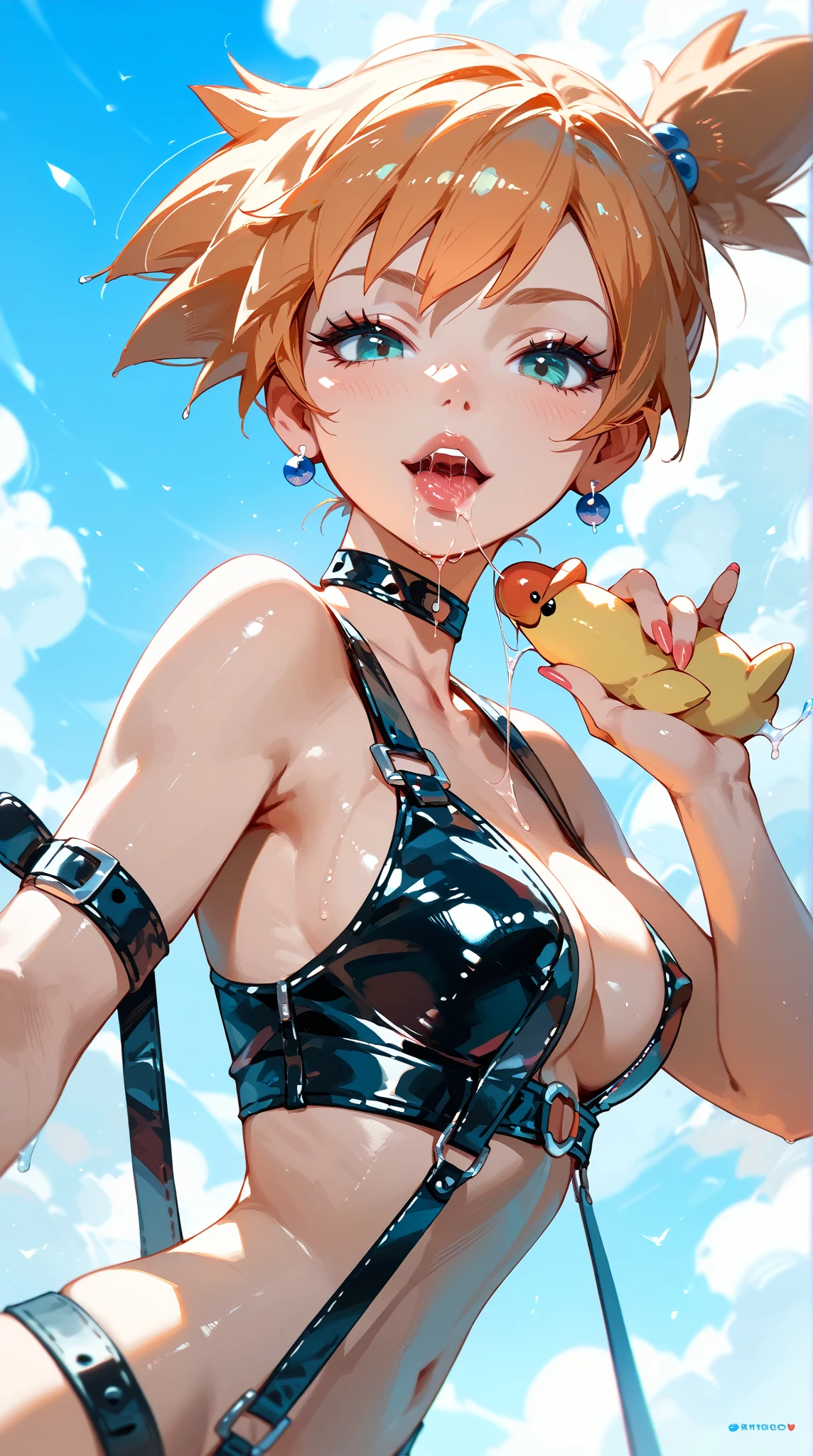(from below:0.5), score_9_up,score_8_up, (Camie),1girl, solo, dark violet eyes, ((juice)), green hair, short hair, blush, nature, bubbles, closed mouth, smile, big breast, pose, ((sitting )), (thin girl:1.2), mermaid, entertainment park