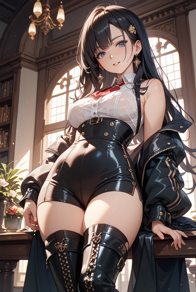 masterpiece, best quality, realistic, photorealistic, great lighting, ultra-detailed, dynamic angle, perfect face, (bright lighting:1.2),beautiful detailed eyes, extremely detailed face, perfect lighting,

1girl, black twintail hair, glasses, clothes about to come off,

gothic lolita costume, frills, skirt, stockings, high-heeled shoes,

Composition looking up from below, classroom, straddle a chair, M leg, lift up one's skirt, 

sweaty, wet body, navel out, thighs out, buttocks, large breast, slim, slender, translucent body, Transparent, Embarrassed expression, blush, ((White panties, cameltoe)),