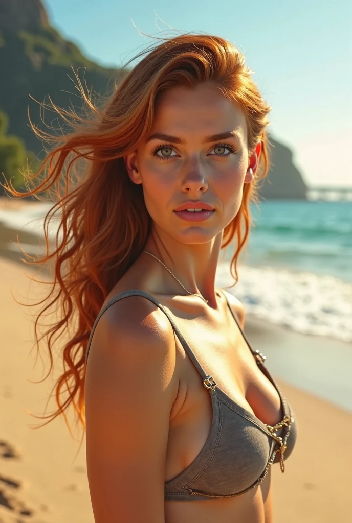 RAW photo, a close up portrait photo of Natasha Romanoff in string bikini clothes, redhair,long hair, pale skin, background is new york, (high detailed skin:1.2), 8k uhd, dslr, soft lighting, high quality, film grain, Fujifilm XT3