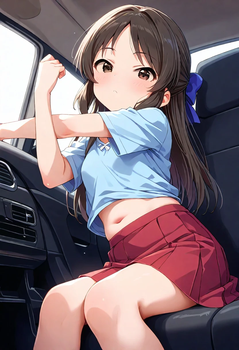 In the car,Lying on your back,,1 Girl, Red eyes, Twin tails, brown hair,((顔 focus)),upper body,Navy blue school swimsuit, undressing,pussy,bangs, eyebrows visible through hair, Small breasts,1boy,vaginale,Sex,cum in pussy,