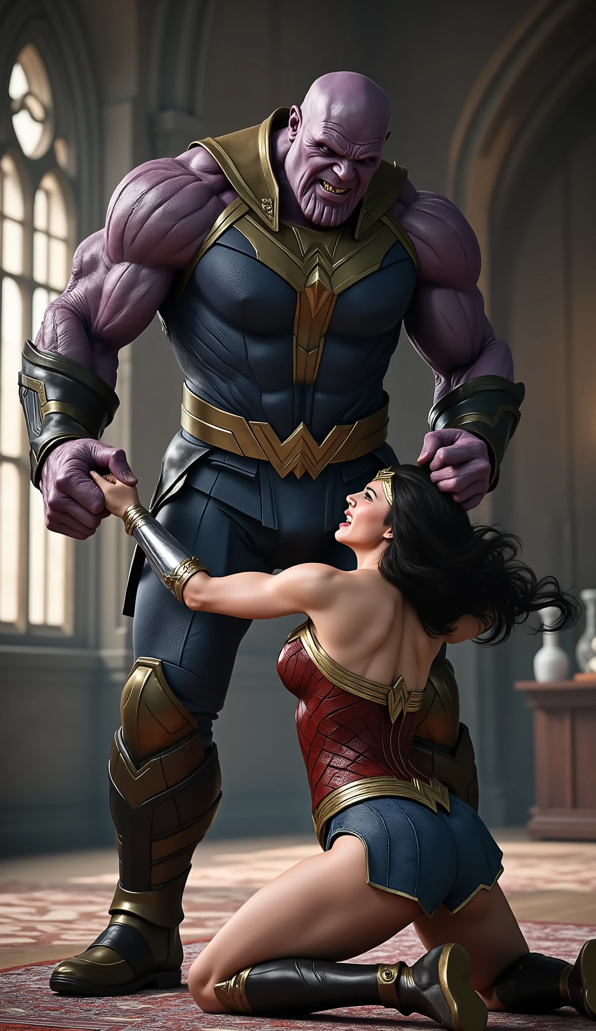 Gal Gadot as Wonder woman, bright white skin, painful face, she is kneeling face to a huge body standing Thanos, she push his leg out, she is screaming in pain, a naked huge body Thanos is standing close to her face, he grab her head hardly and pull her hair to his belt buckle, in a hall of medieval castle,
