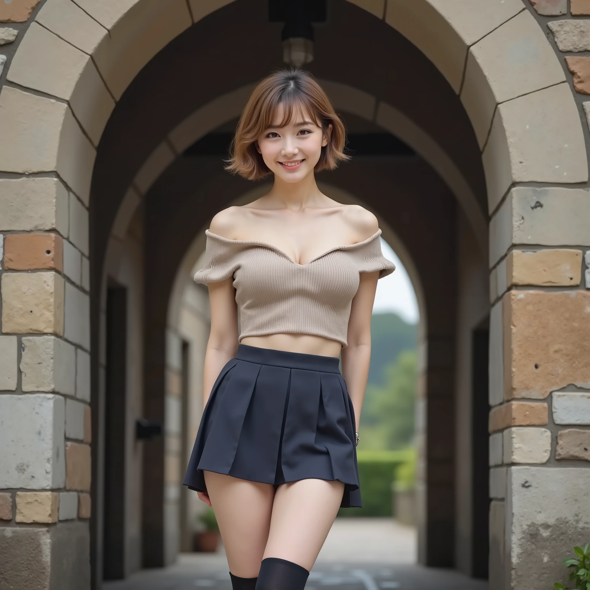 1 girl 、 gal 、 full body shot 、 real 、 photorealistic: 1.3 、 beautiful face above the castle gate 、 light brown hair 、 unkempt hair 、asymmetrical bangs 、 neat clothes 、 (smile) 、 (Look Who Sees) 、 cinematic lighting 、 blurry background 、 (Shoulderless knit:1.2 ) 、 ( (pleated miniskirt 、 black high socks)) 、 (leaning against a wall) 、 slim 、 Xiaoyan 、 makeup 、 beautiful hair 、 long hair 、 beautiful dark brown eye 、 Real Skin 、 beautiful eyes with attention to detail 、 with highly detailed face and skin textures 、 Beautiful and clean skin 、 8K quality 、 real 、 best quality 、 ultra high resolution 、 masterpiece 、 RAW photos
