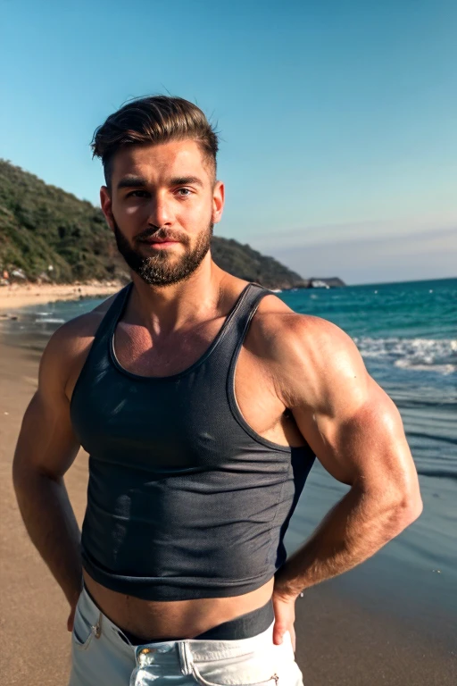 Male, brunette, muscular, blue eyes, light skin, small beard, hunter eyes, Mexican, few tattoos, sport wear