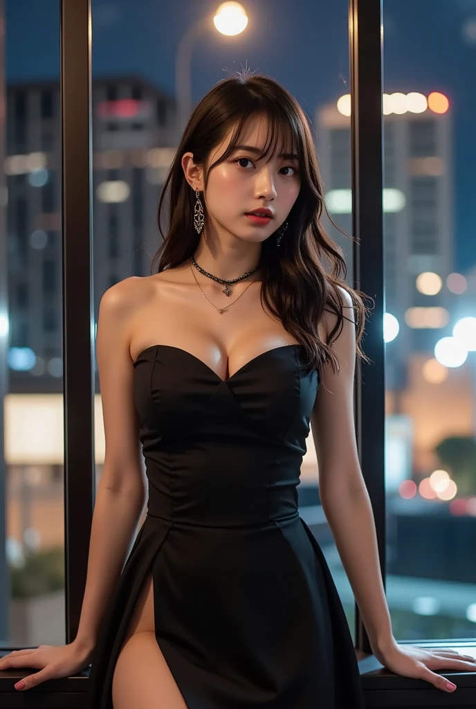 masterpiece、one beautiful girl、detailed eyes、bulging eyes、highest quality, 超High resolution, (reality: 1.4), cinematic lighting、Japanese、asian beauty、Korean、Super beautiful、Shining beautiful skin、slender、The body is facing forward、(Super realistic)、(High resolution)、(8K)、(very detailed)、(美しくdetailed eyes)、(Super detailed)、 (wallpaper)、detailed face、the lighting is bright、professional lighting、look at viewer、Facing straight ahead、The costume is a black dress...、46-point diagonal bangs、night scene、brown hair、japanese idol、korean idol、Gravure idol、actress、19 years old、tall、(dynamic pose, dynamic angle:1.3), random pose, random angle,