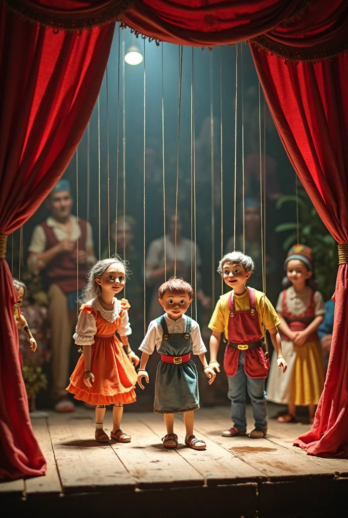 "A whimsical puppet theater stage with articulated puppets suspended by delicate silk strings, visibly in motion as they perform a dramatic or comedic scene. The puppets are handcrafted from wood, cloth, or papier-mâché, with expressive faces, jointed limbs, and colorful costumes. The silk strings catch the light subtly as they sway with the puppets' movements. The background shows curtains, props, and stage lighting. The scene may depict fairy tales, folk stories, or original fantasy narratives. Include diverse puppet designs such as animals, royalty, mythical creatures, or villagers. The atmosphere can vary from a cozy indoor theater to a magical outdoor setting. Vibrant colors, detailed textures, and dynamic poses."