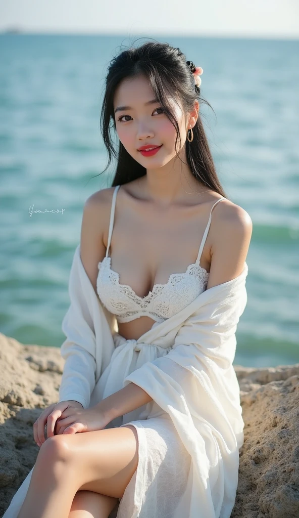 Inside the tent, Sitting upright, white see-through slip, full body Esbian、NSFW, 1 girl in、 Beautiful face, Smiling, Wet face, (Loose fit), (30-years old:1.3), Mature Woman、A dark-haired、The long-haired、(huge-breasted:1.4), (ultra gigantic tits:1.4), cleavage、curvey, Shoulders exposed、 White see-through panty, White string panties, (delicate illustration:1.4)、(masterpiece:1.0)、(top-quality:1.4)、(超A high resolution:1.2)、(Photorealsitic:1.4)、(8K、Raw photography:1.2)、(softfocus:1.4)、 (foco nítido:1.4)、 Hair is wet, the whole body is wet, Illuminated by the setting sun, Wrapped in the hues of the dusk sky. The setting sun gives off a warm light,