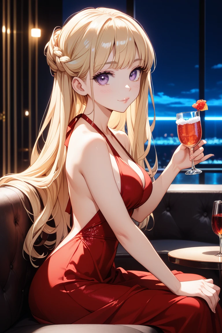score_9,score_8_up,score_7_up,18 year old,female focus,1girl,asuna \(sao-alo\), sword art online,yuuki asuna,nsfw,brown eyes, brown hair, long hair, bangs, braid,standing,foot up,hand on hip, holding cup,(drunk-smirk),blush,large breasts,brown hair,parted hair,long hair,red dress,fur-trimmed,plunging neckline,center opening,cleavage,navel,earrings,bracelet,roof pool-party,cityscape,night ,multiple-black people,surrounding by 5 strong boys(big male harem)