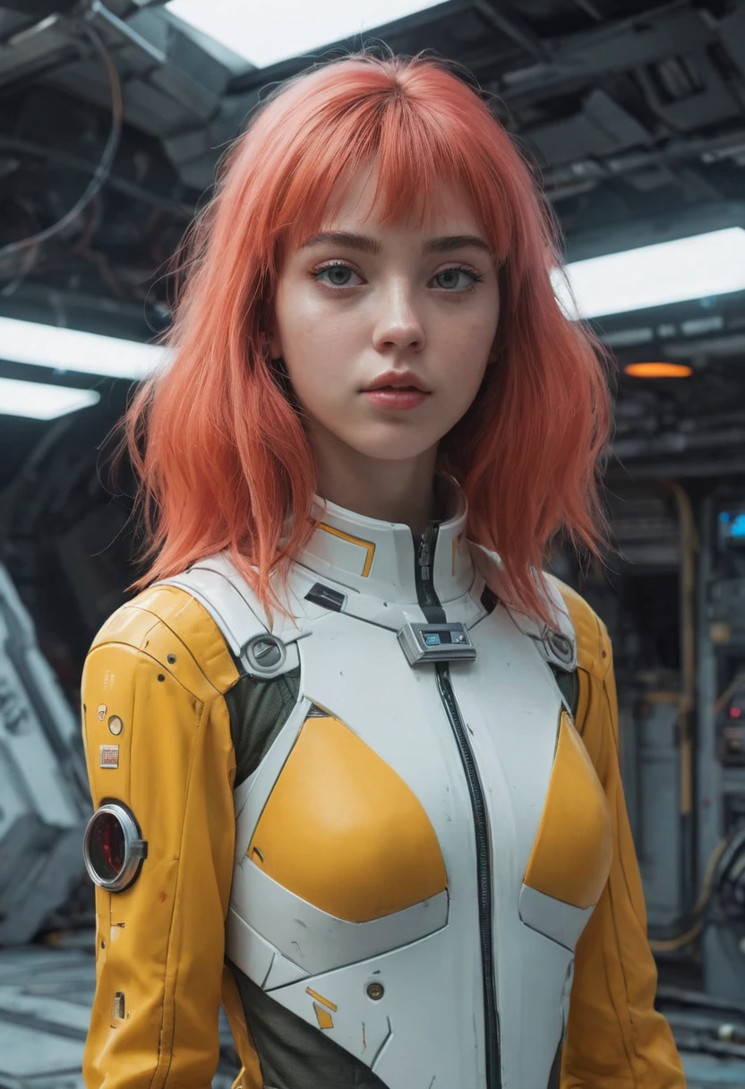 ( young White Skin garota sardas, ************, Red cabelo , garota, Terno), (amarelo (Olhos:1.2)), ( slender body:1.3), (fantasy space suit), pretty face, Symmetrical face, Greg Rutkowski, wlop and Sam Kuvshinov , (long hair), pestana , big iris, large pupil, full body, standing at the bottom of the cosmodrome, artstation, 8k, science fiction, cores pastel, props , painel, conceito, futuristic , gritar, Simon Stalenhag, space, in outer space, a spaceship in the sky, technological blocks