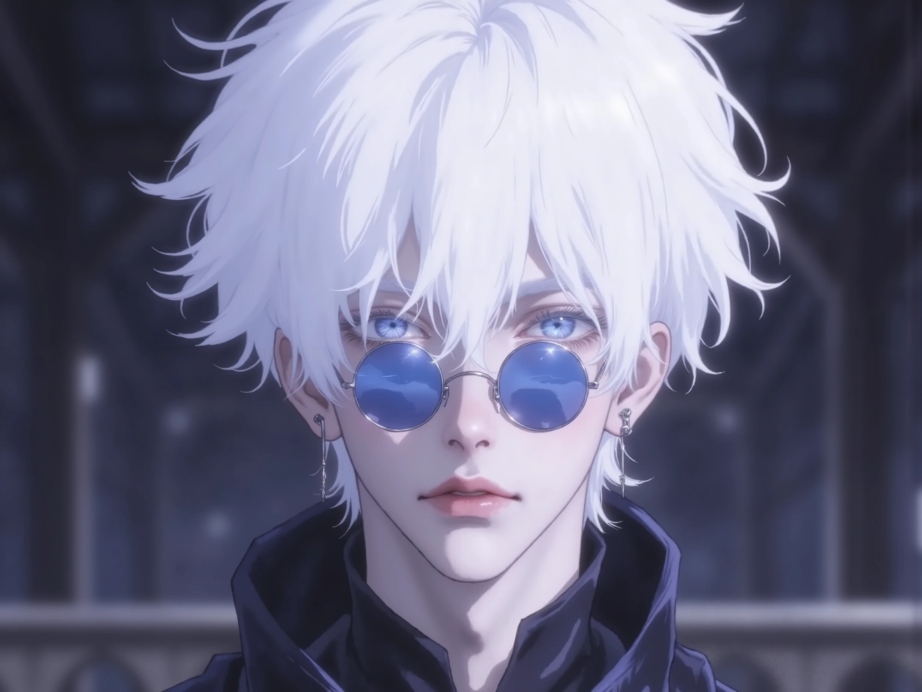 ((점수_9,점수_8_위로)), GOJO SATURO, Portrait of Gojo Satoru from "Jujutsu Kaisen", upper body only, facing forward with a calm and confident expression. White hair, blue sunglasses, wearing a high-collared black uniform. anime style, detailed lighting, soft shadows, upper body