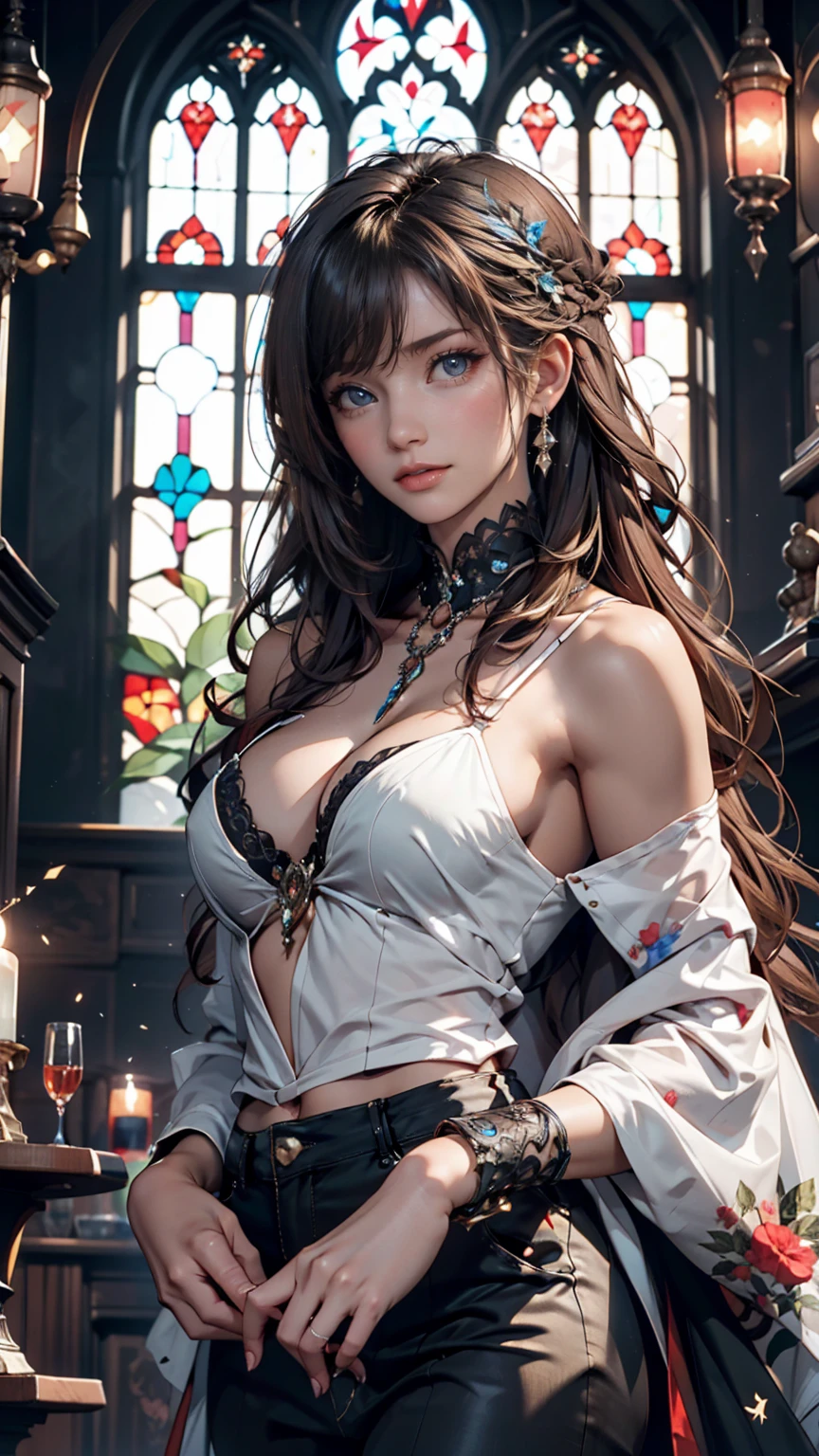 Vast angles, View from the summit, Inside Guldur Valley, Dark floor, First floor with balcony and a view of the abyss, And the floor below the madness staircase, Thorn, Spike Wall. Spooky illustrations, Overly detailed, 8K resolution. Horror Art.24-year-old woman、long hair、Straight Hair、Brown Hair、Purple inner color、Wear off-the-shoulder tops、Cleavage Emphasis、Wear a low-rise mini skirt