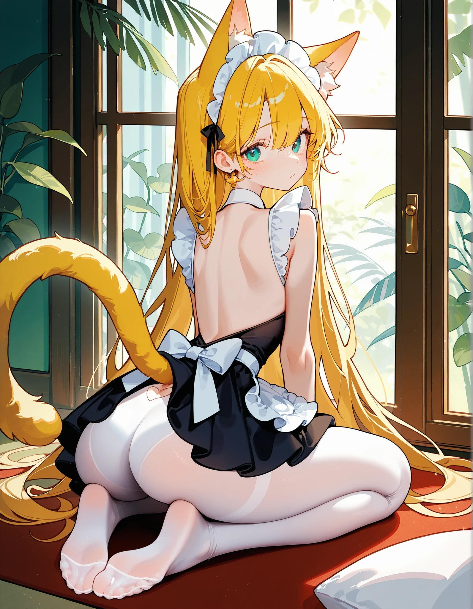masterpiece, best quality, (lemon89h:0.4),(ask \(askzy\):0.6),from behind, a cat girl seiza indoors and looking back at viewer,soles, white pantyhose, tail cutout, maid