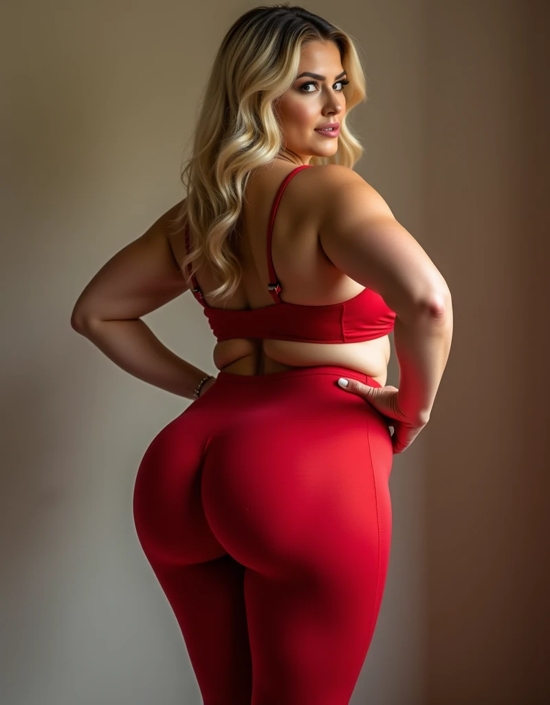 Blonde goddess, fat plus size model, wearing sexy corset, red socks and garter belt, opening legs, big ass, mountain, back, sexy girl, stunning view, teasing, very sexy, sensual and seductive, full length, realistic,