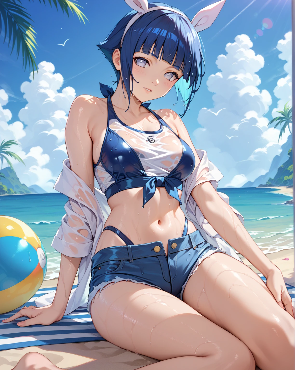 nsfw, Rei Ayanami, See-through swimsuit, Blue long hair, Translucent jacket, Ultra mini skirt, Semi-transparent slit skirt, Sweat, Ocean, Sandy Beach, Beach ball, Wet and see-through, Erect nipples,