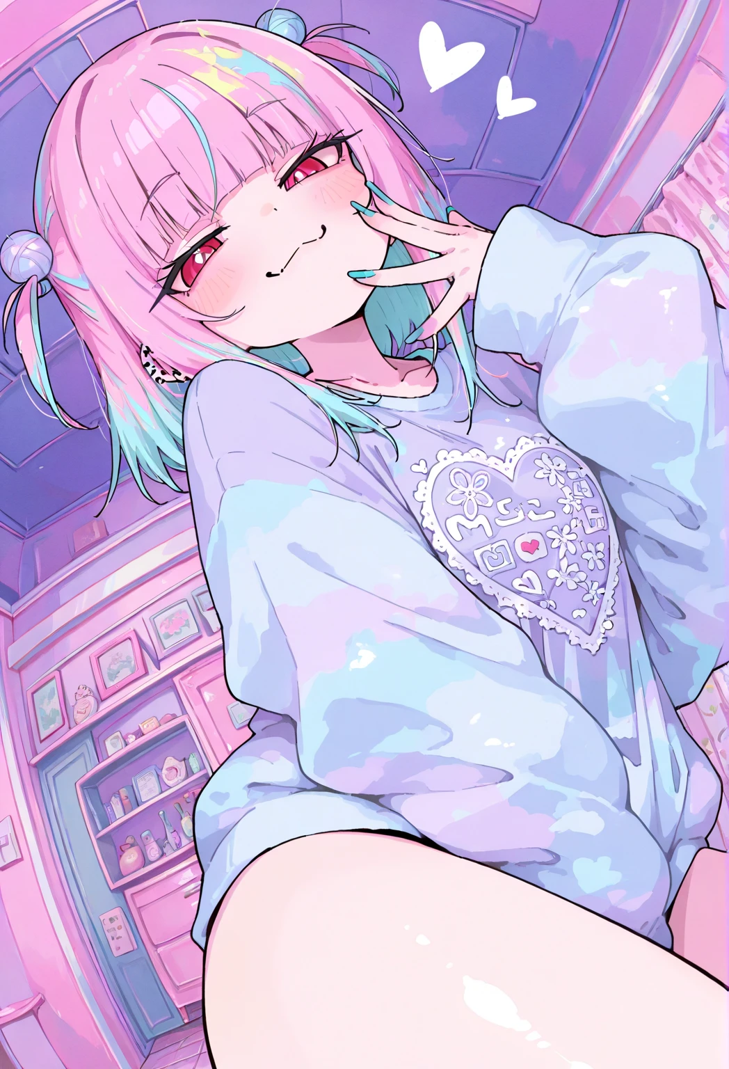 chibi character,Rabbit motif,(brush),((cute,kawaii,wonderland)),((pastel color)),((Cute assortment)),(Shy laugh),Shiny beige hair,(Rainbow),(Dripping juice:1.2),(NSFW:1.2),((Panty shot:1.2)),(Milk visible from under clothes:1.15),(Squatting with legs spread in an M-shape:1.2))