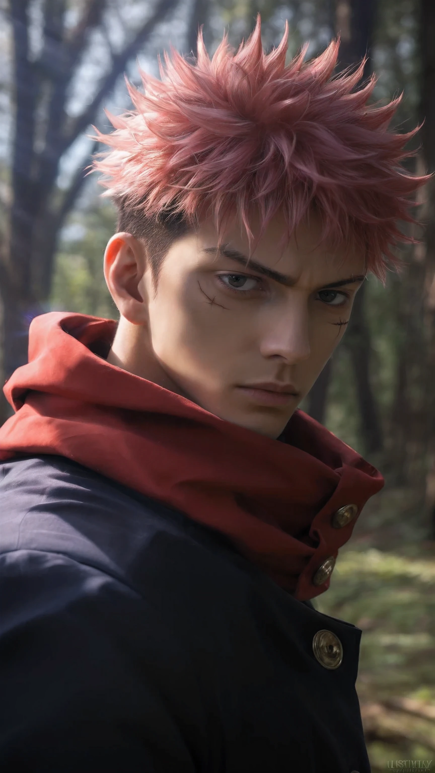 score_9, score_8_up, score_7_up, source_anime, detailed, wallpaper, beautiful details, itadori yuuji, jujutsu kaisen, 1boy, asian, young, male focus, ultra realistic, cinematic lighting, intense expression, sharp eye contact, dramatic close-up angle, young Japanese male, short spiky pink hair, realistic hair texture, detailed skin with soft shadows, one thin horizontal scar under left eye, serious face, deep natural eye color, high-detail facial features, red scarf wrapped around neck, thick fabric texture, black uniform with golden buttons, realistic clothing folds, forest background, blurry trees in the distance, soft natural daylight, light rays through trees, slight wind effect, ambient forest light, photorealistic environment, shallow depth of field, smooth color grading, high contrast shadows, mood of tension and focus