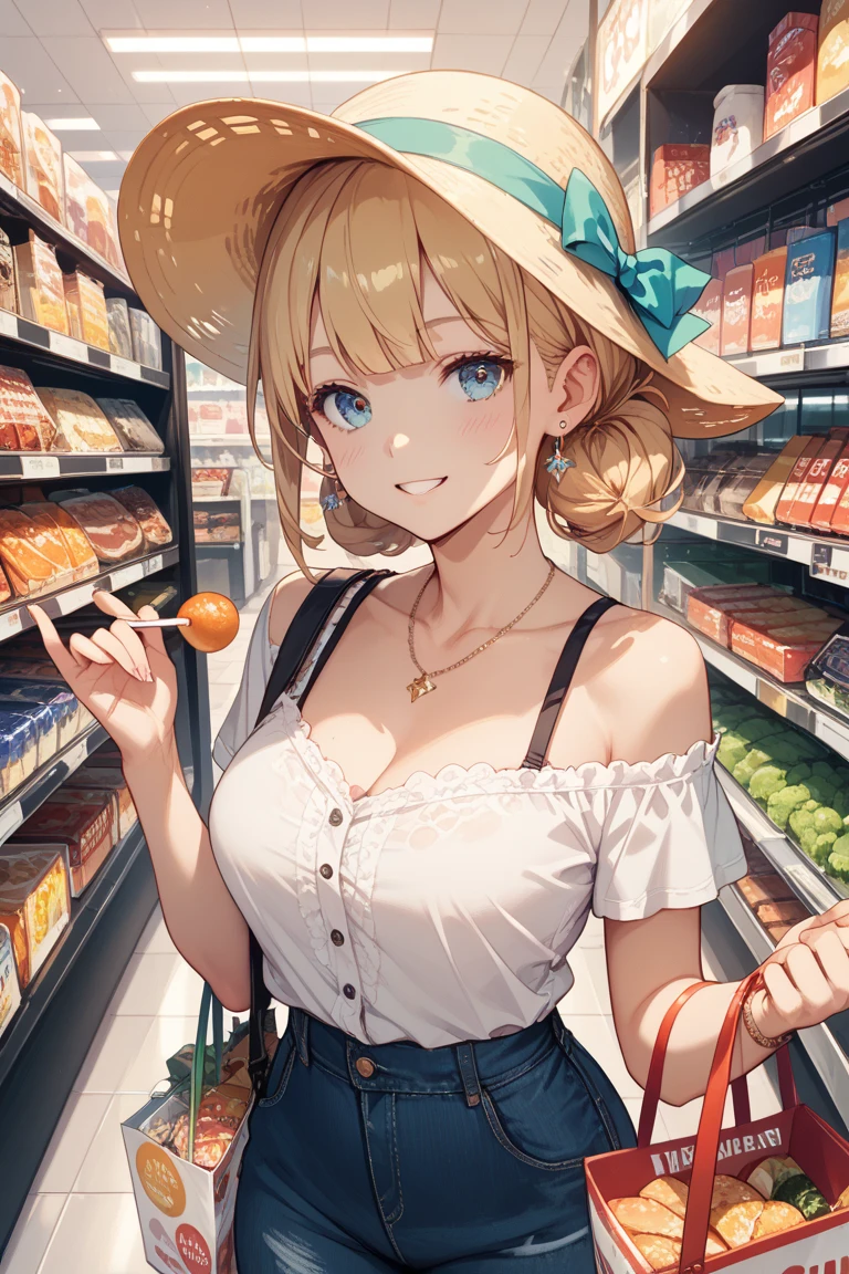 (score_9,score_8_up,score_7_up),1woman,solo,source_anime,mature,big sister,middle age,blonde hair,green eyes,wide hips, large breasts,looking at viewer, warm smile, warm eyes, tired smile, Shopping, white sundress, blue laces, supermarket