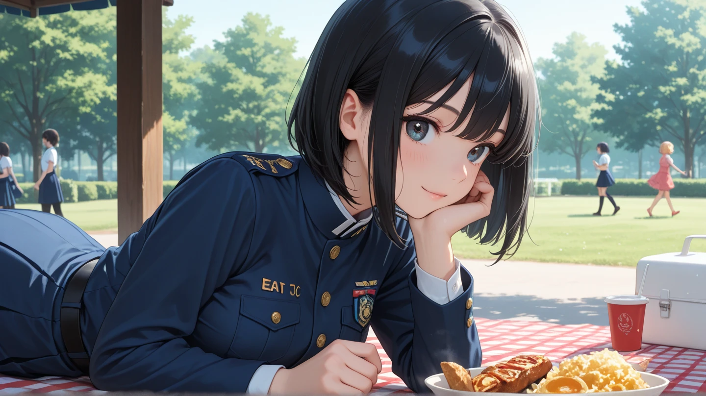 (highest resolution, distinct_image), best quality, masterpiece, highly detailed, semi realistic, a woman with short black hair, mature woman, triple bangs, blue uniform, blue pleated skirt, military uniform, main perspective, military academy, cafeteria, dining, lunch, with classmates, multiple background, crowd background, etc,