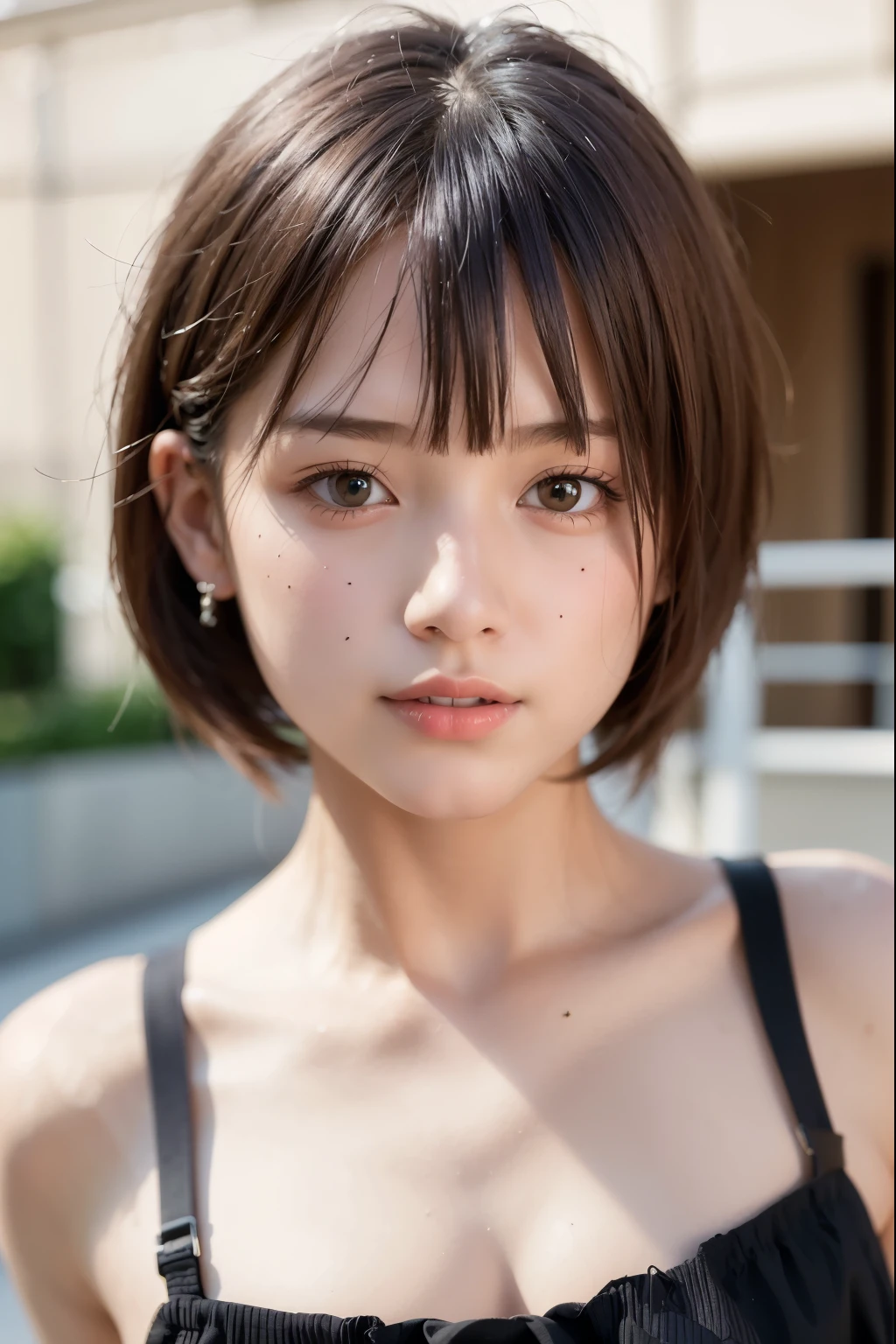 Asian Beauty, Short black hair,Detailed face、 Big eyes, Her breasts are modest, about a C cup、A face that looks just like Hirose Suzu、glossy lipasterpiece:1.3), (8k, Photorealistic, Raw photo, Best image quality: 1.4), Japanese 、(Random Hairstyles:1.2)、Cleavage:1.2、Super detailed face、Attention to detail、double eyelid、Close your chest、Sharp focus:1.2、Beautiful woman:1.4、Light brown hair、highest quality、masterpiece、超A high resolution、(Photorealistic:1.4)、Highly detailed and professionally lit smile、Loose, lightweight knitwear、Shoulder out、thin、whole body