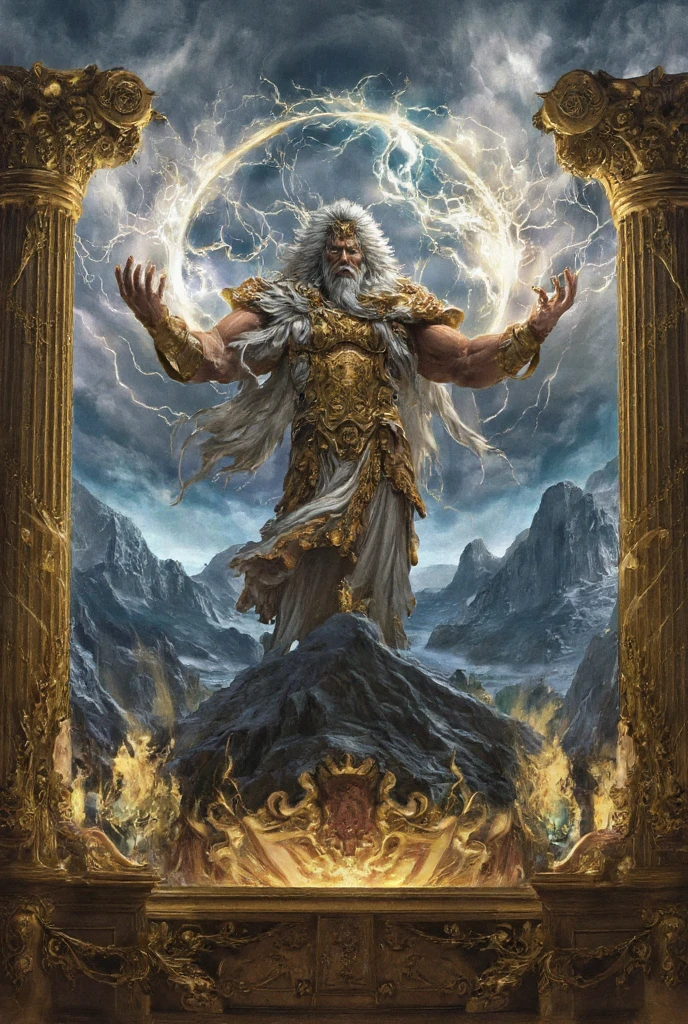 Zeus, the mighty king of the gods, stands atop Mount Olympus, surrounded by towering golden marble columns. His imposing figure radiates strength, with a muscular build and a long white beard flowing in the wind. He wears a white robe with golden edges and holds a crackling lightning bolt in his right hand, ready to unleash his power. His gaze is stern and filled with authority. The sky behind him is filled with storm clouds, flashing with divine lightning. Mount Olympus glows with a celestial golden light, featuring grand temples and statues of gods. In the distance, other gods watch in reverence. The scene conveys divinity, supreme power, and immortal majesty