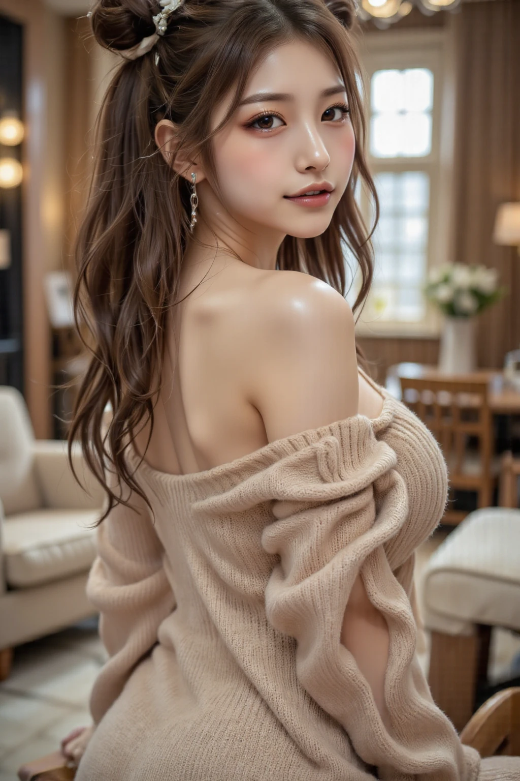 highest quality, masterpiece, shape, Very delicate and beautiful, Very detailed, CG, Unified, 8k wallpaper, that'Ridiculous, Large file size, very wide angle lens, Soft Light, Against_Day, At work, 1 girl, alone, sexy, cute, A light smile, Long Hair, bangs, lipstick, Long eyelashes, Beautiful and delicate eyes, (((Very large breasts, bigger than her face:1.75))), Center of chest, tights, dress, Black Pantyhose, Long legs in hip skirt, Beautiful legs, High heels, Sheet, whole body, Fujifilm X-T3 Photo,(((NSFW:1.45)))