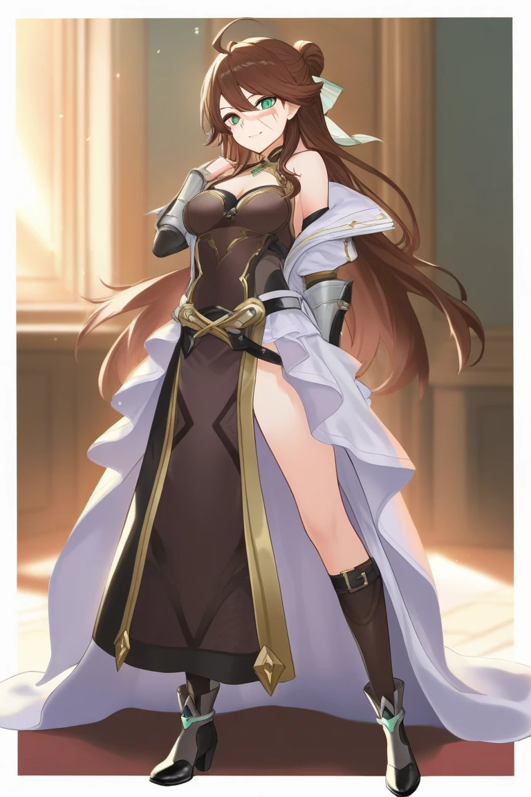 Anime girl, aesthetic body, long brown hair, purple eyes, elegant dress, tall
