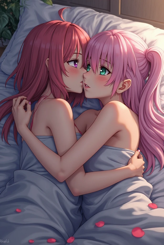 Two hot anime high school students、While kissing each other passionately in bed、She has fun throwing her clothes and underwear on the floor without any clothes on.。